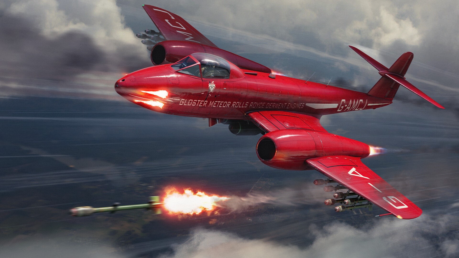 Red Gloster Meteor Rolls Royce Derwent Engines aircraft firing missile HD Wallpaper