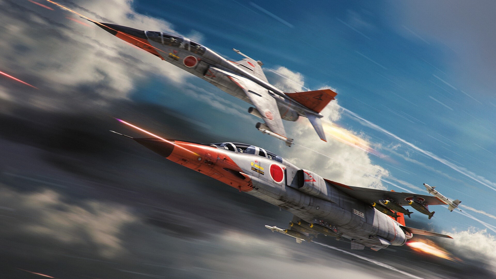 Two Mitsubishi T-2 fighter jets in flight HD Wallpaper