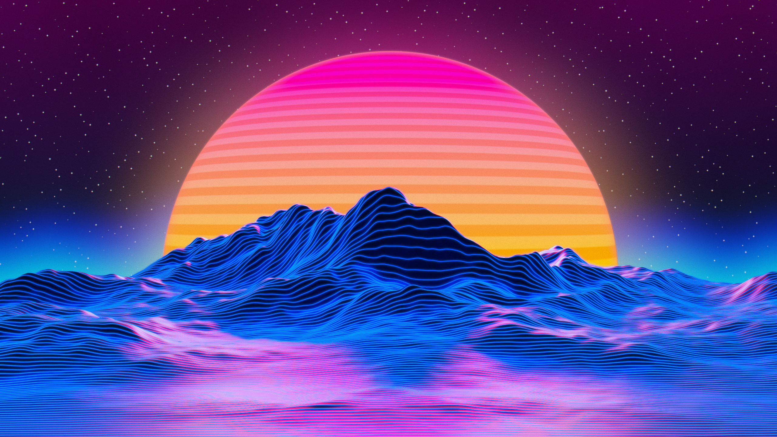 Retro digital landscape with neon mountains and sunset HD Wallpaper