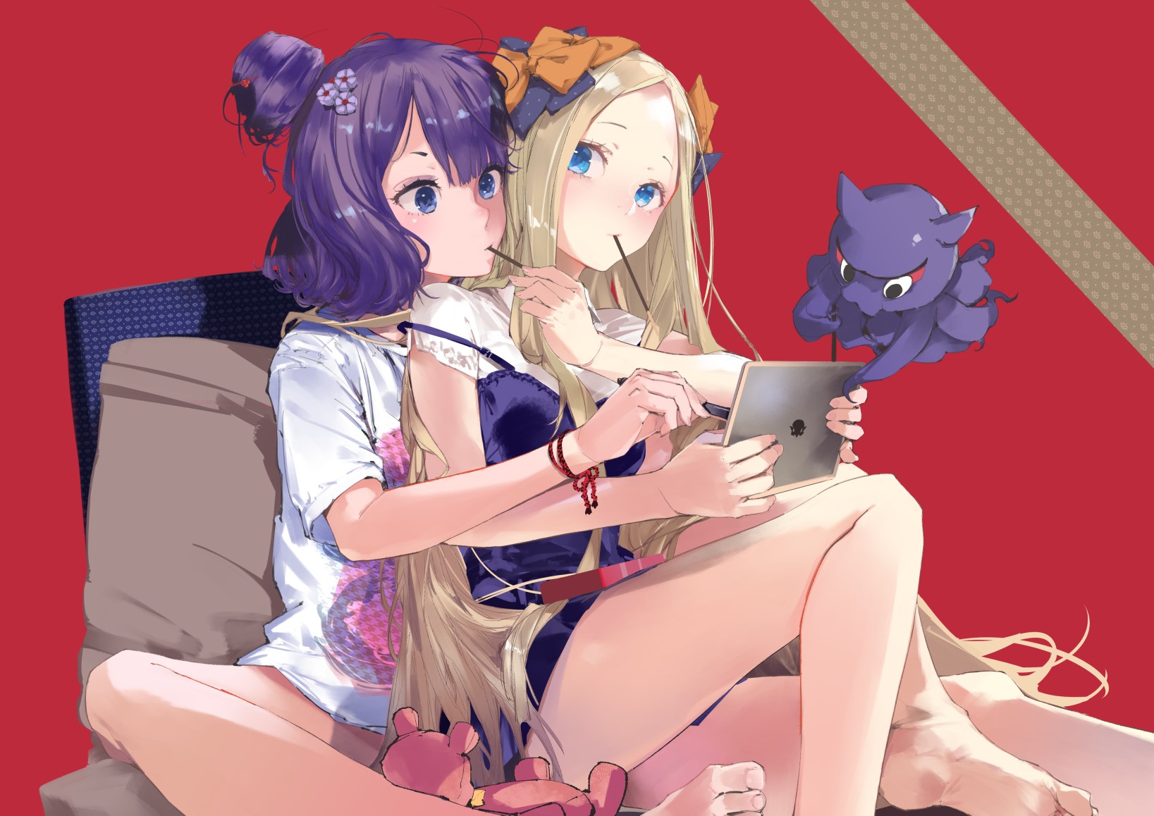 Two anime girls with a purple creature HD Wallpaper