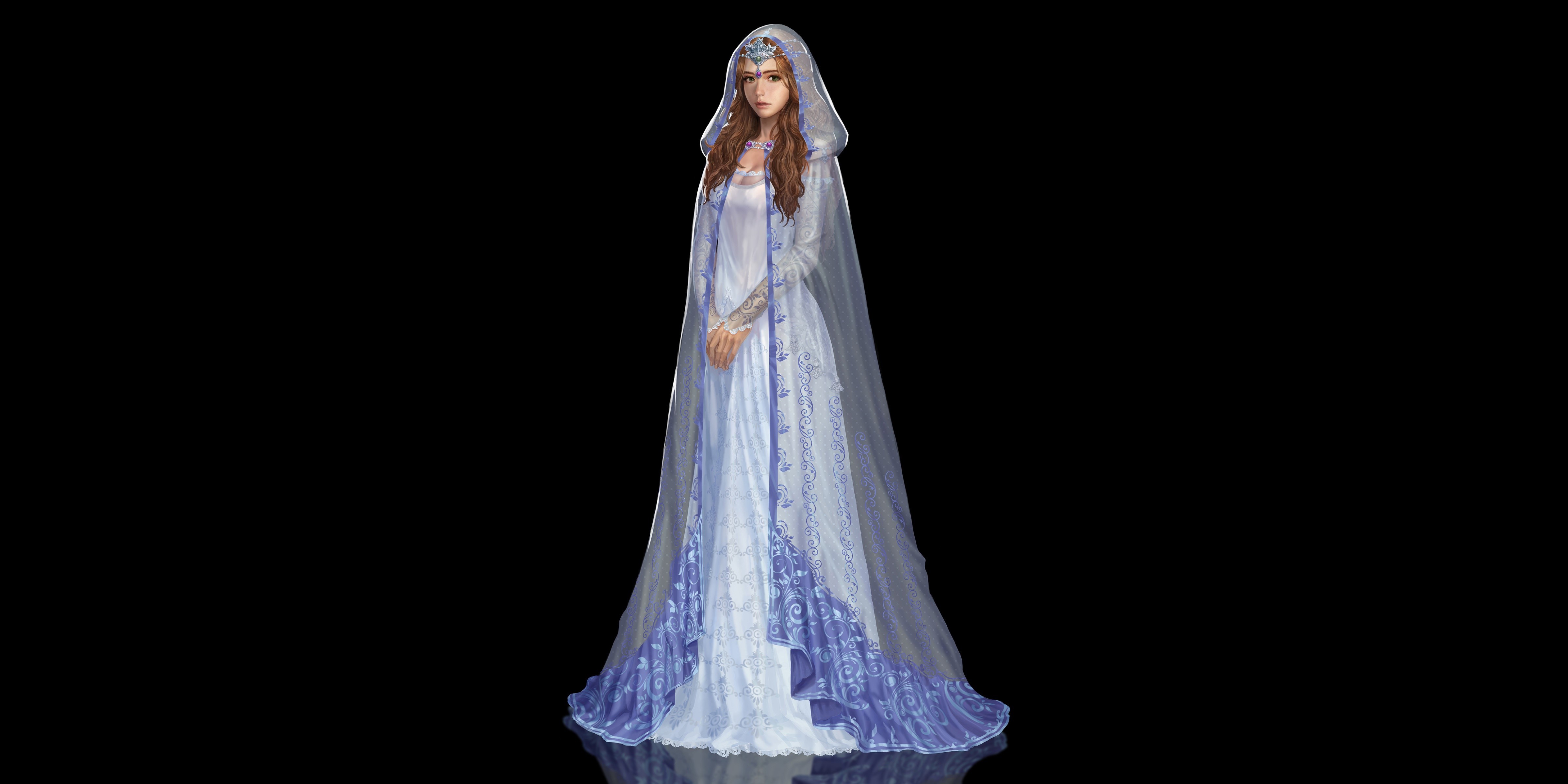 Fantasy girl in a white and blue dress with a veil HD Wallpaper