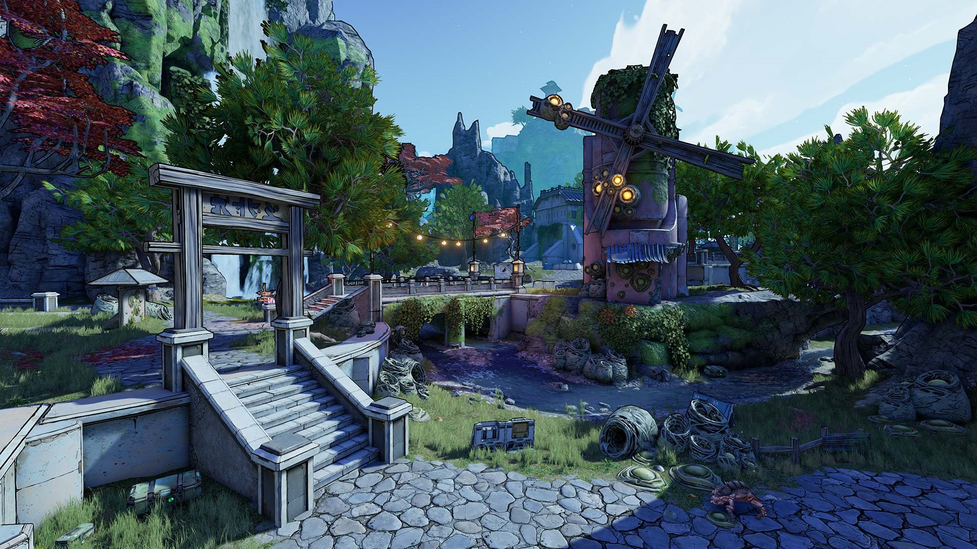 Borderlands 3 environment with windmill and torii gate HD Wallpaper