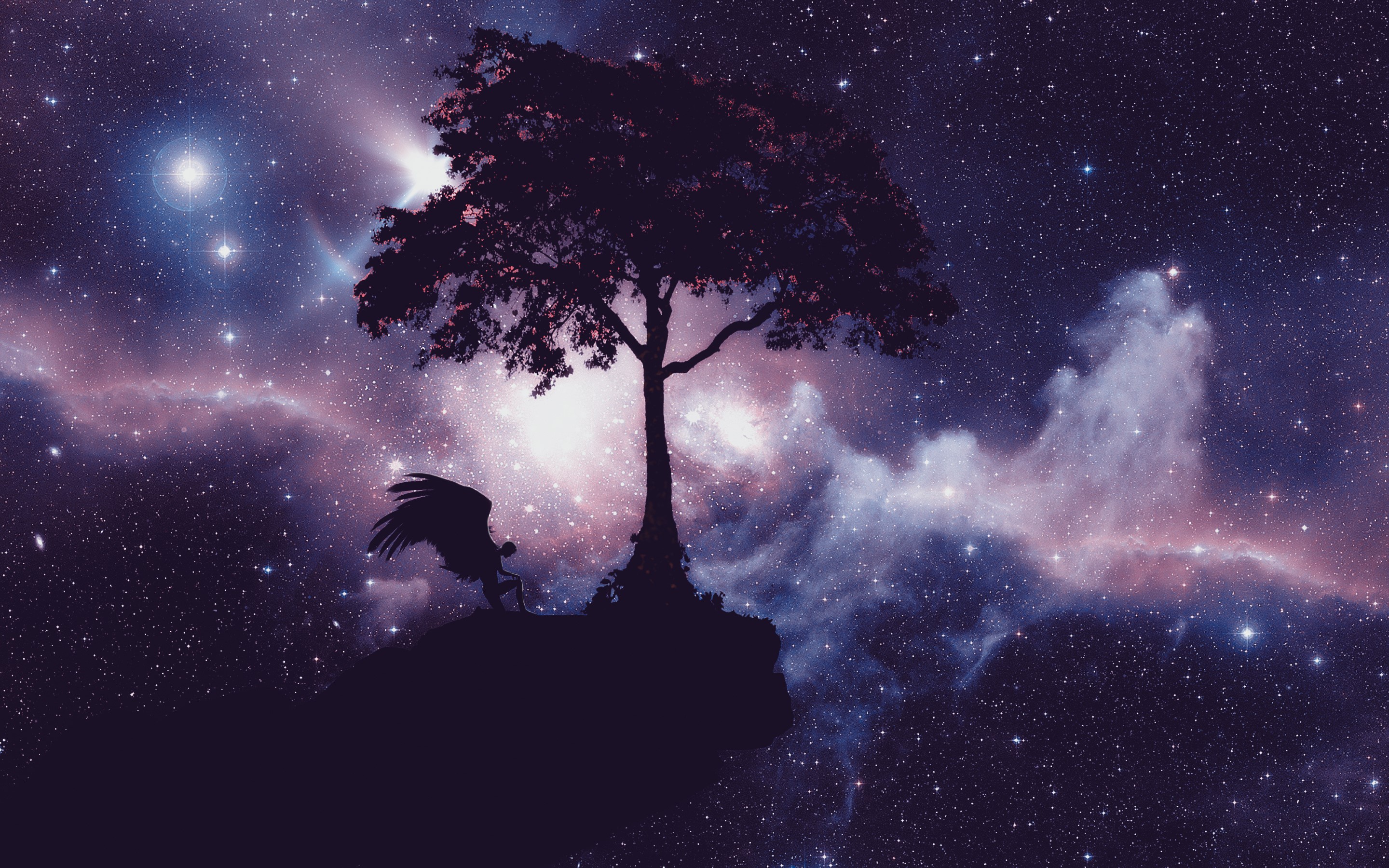 Silhouette of a winged figure and a tree against a starry nebula HD Wallpaper