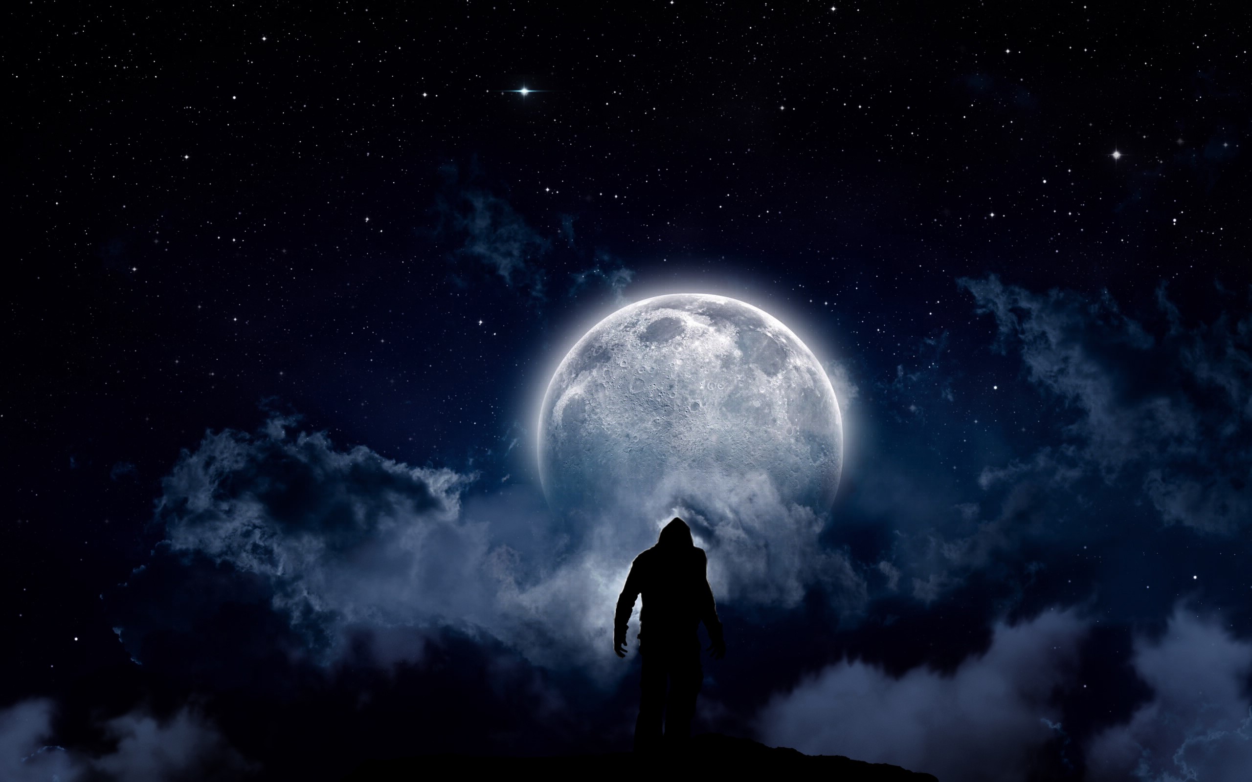 Silhouette of a figure against a large moon and starry night sky HD Wallpaper