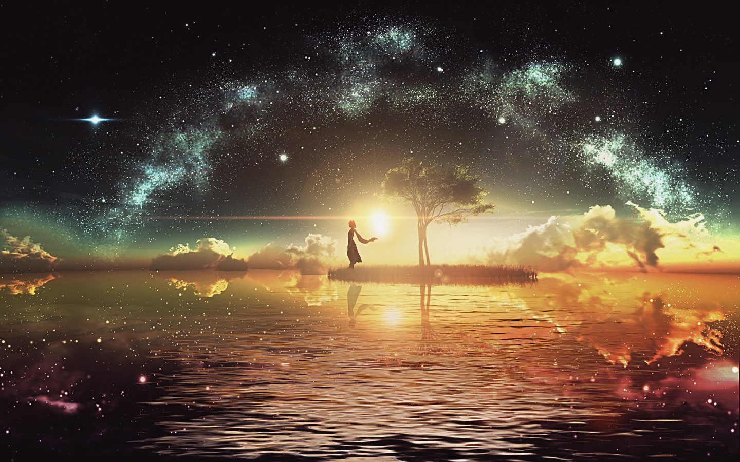 Girl on island with tree under starry sky reflected in water HD Wallpaper