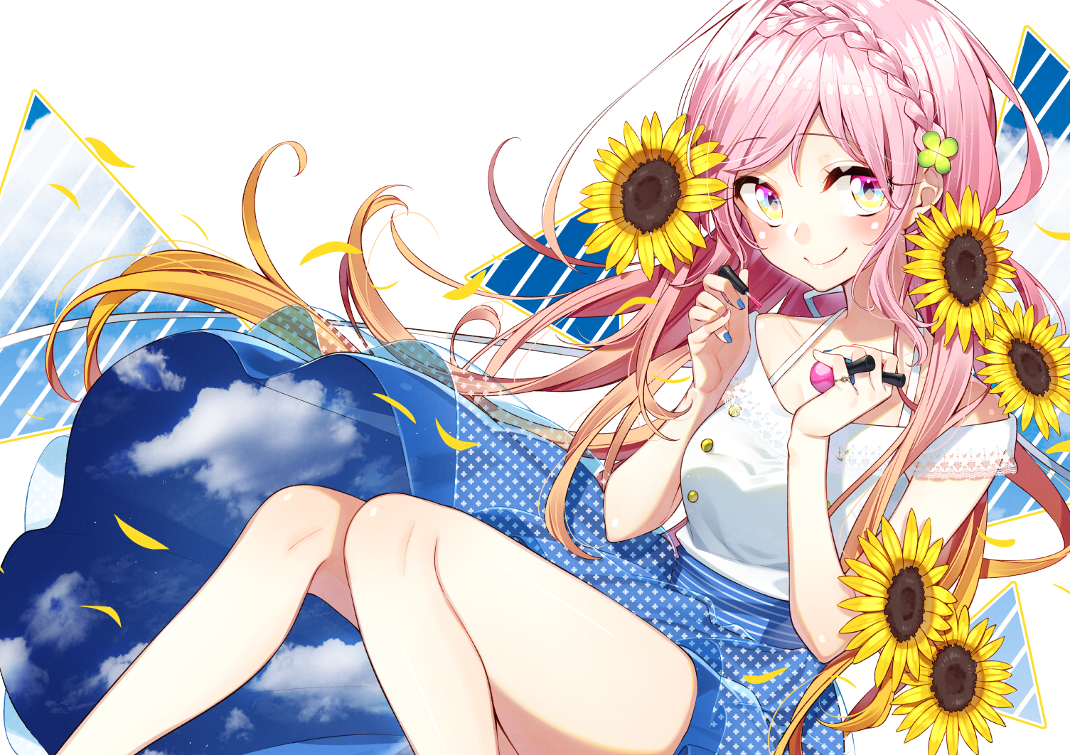 Anime girl with pink hair and sunflowers HD Wallpaper