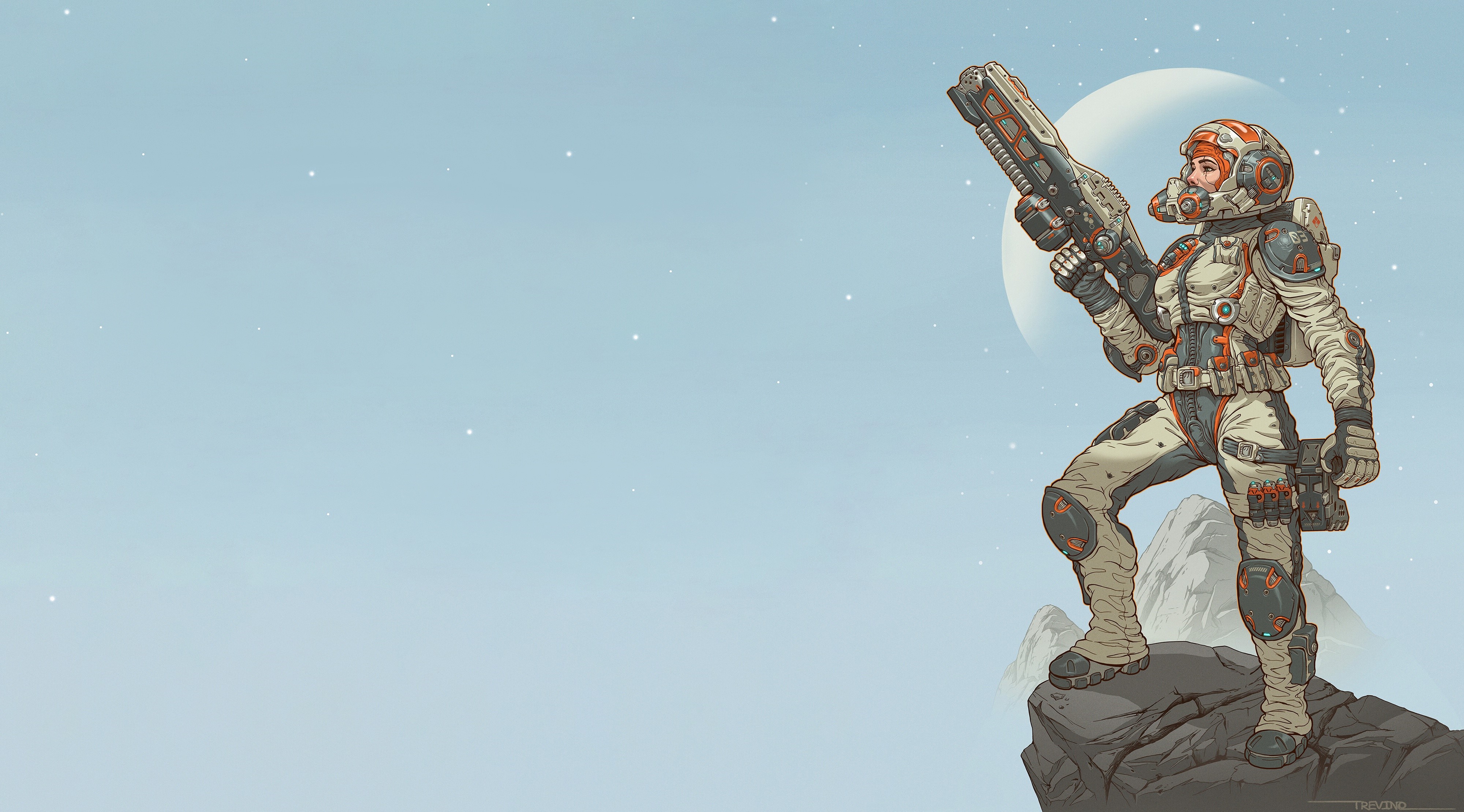Woman in spacesuit holding a weapon on a rocky planet HD Wallpaper