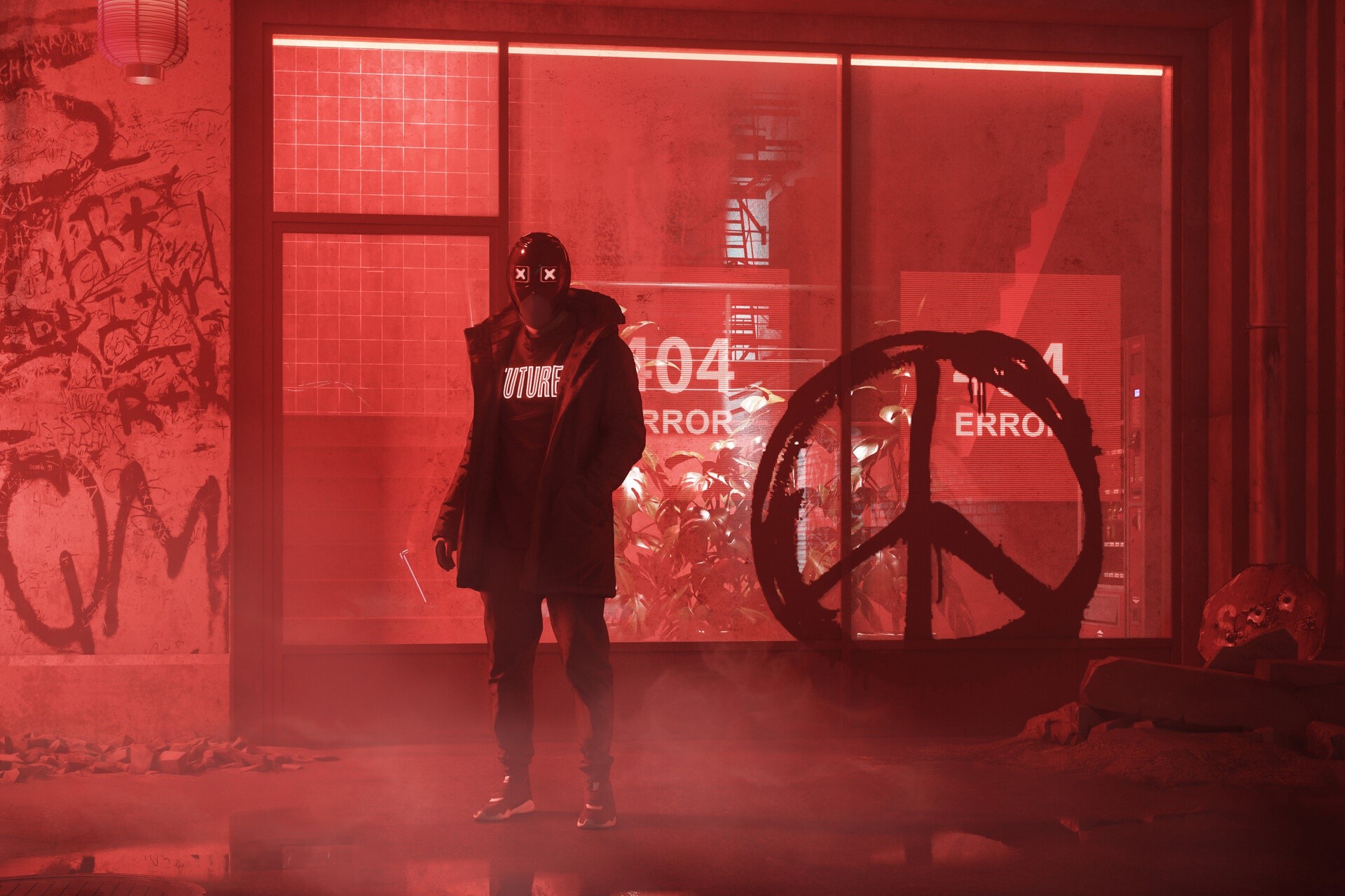Person in mask with 'FUTURE' shirt in red alley HD Wallpaper