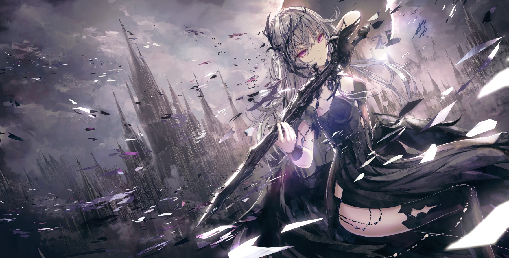 Anime girl with sword in front of castle HD Wallpaper
