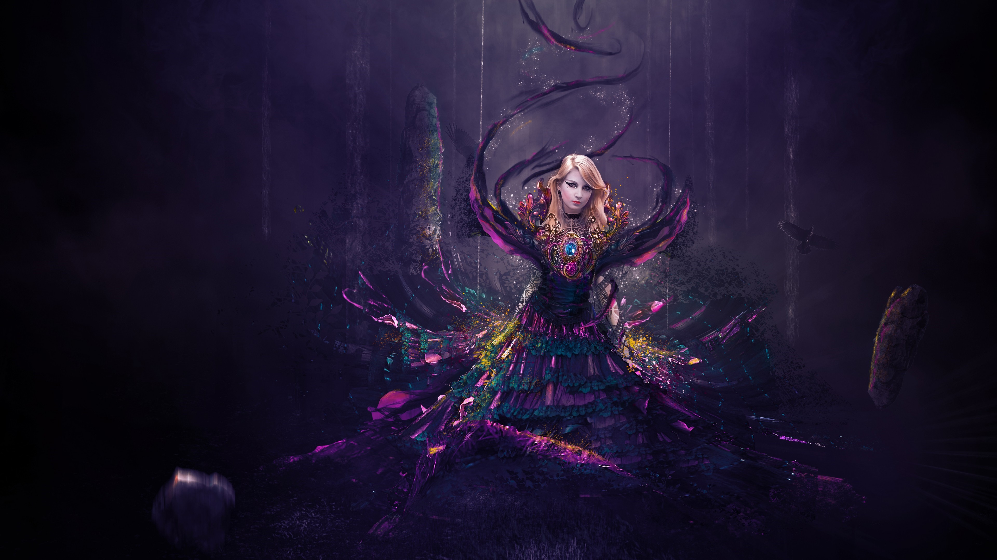 Fantasy girl with elaborate dress in dark forest HD Wallpaper