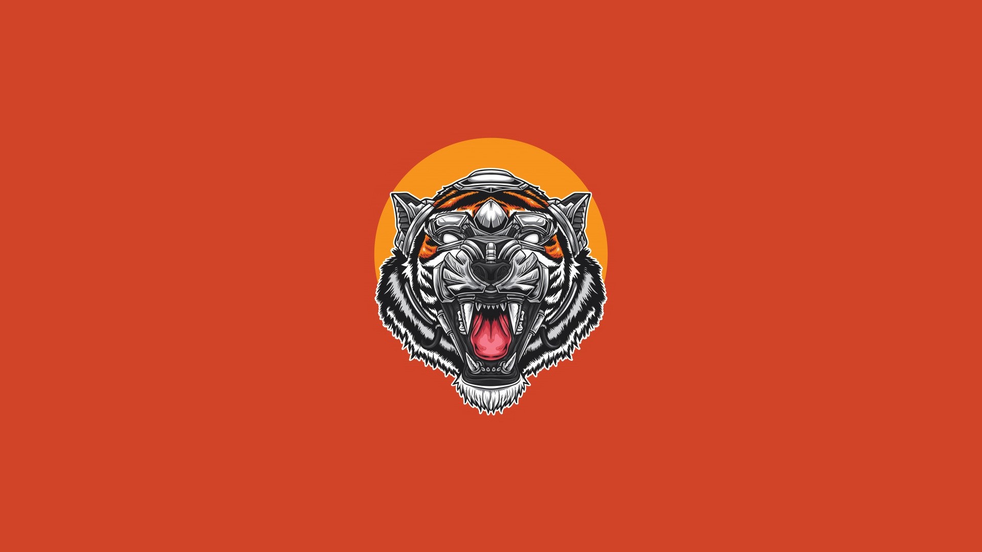 Artwork of a robotic tiger head on an orange background HD Wallpaper