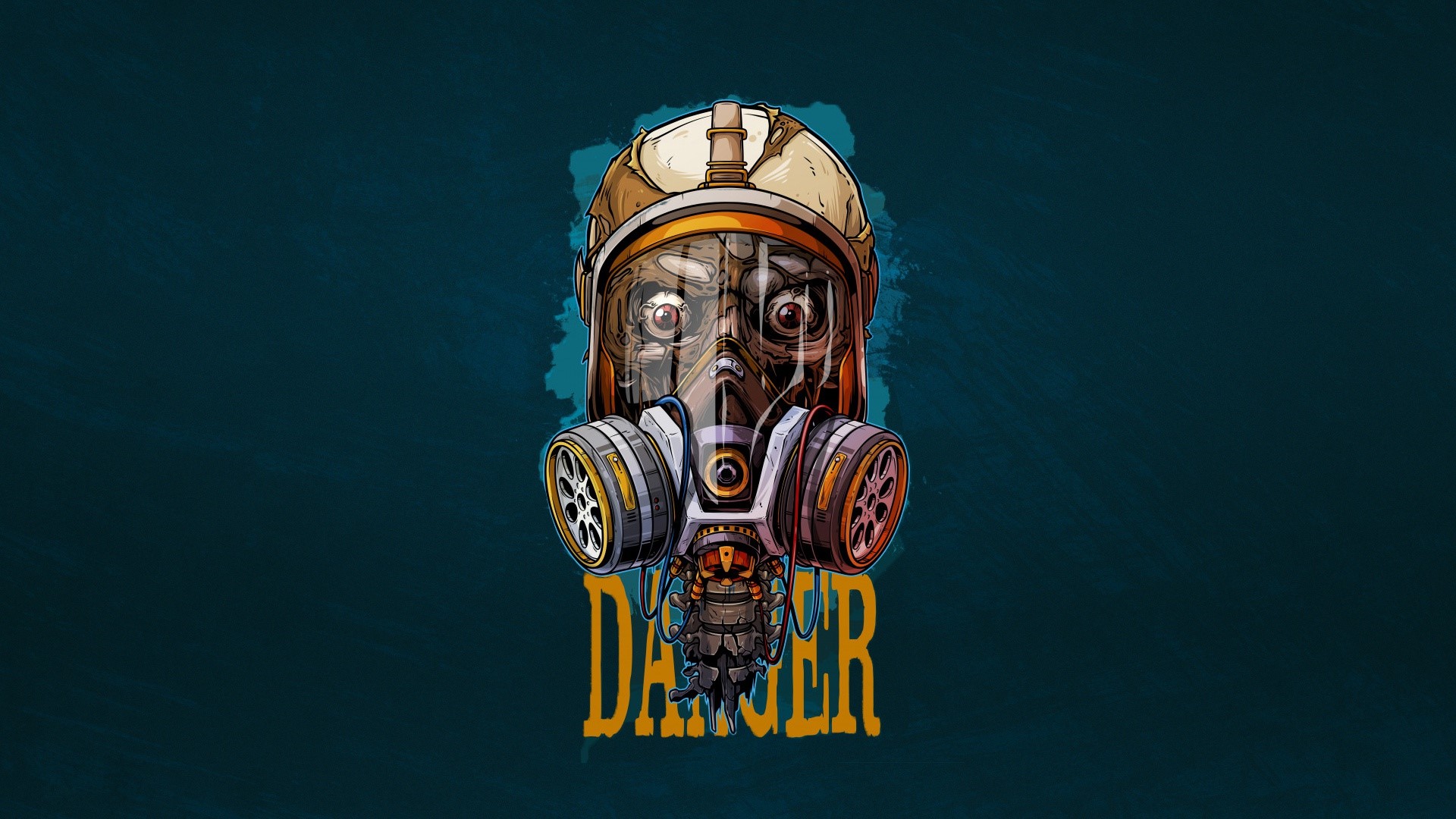 Artwork of a skull wearing a gas mask with the word danger HD Wallpaper