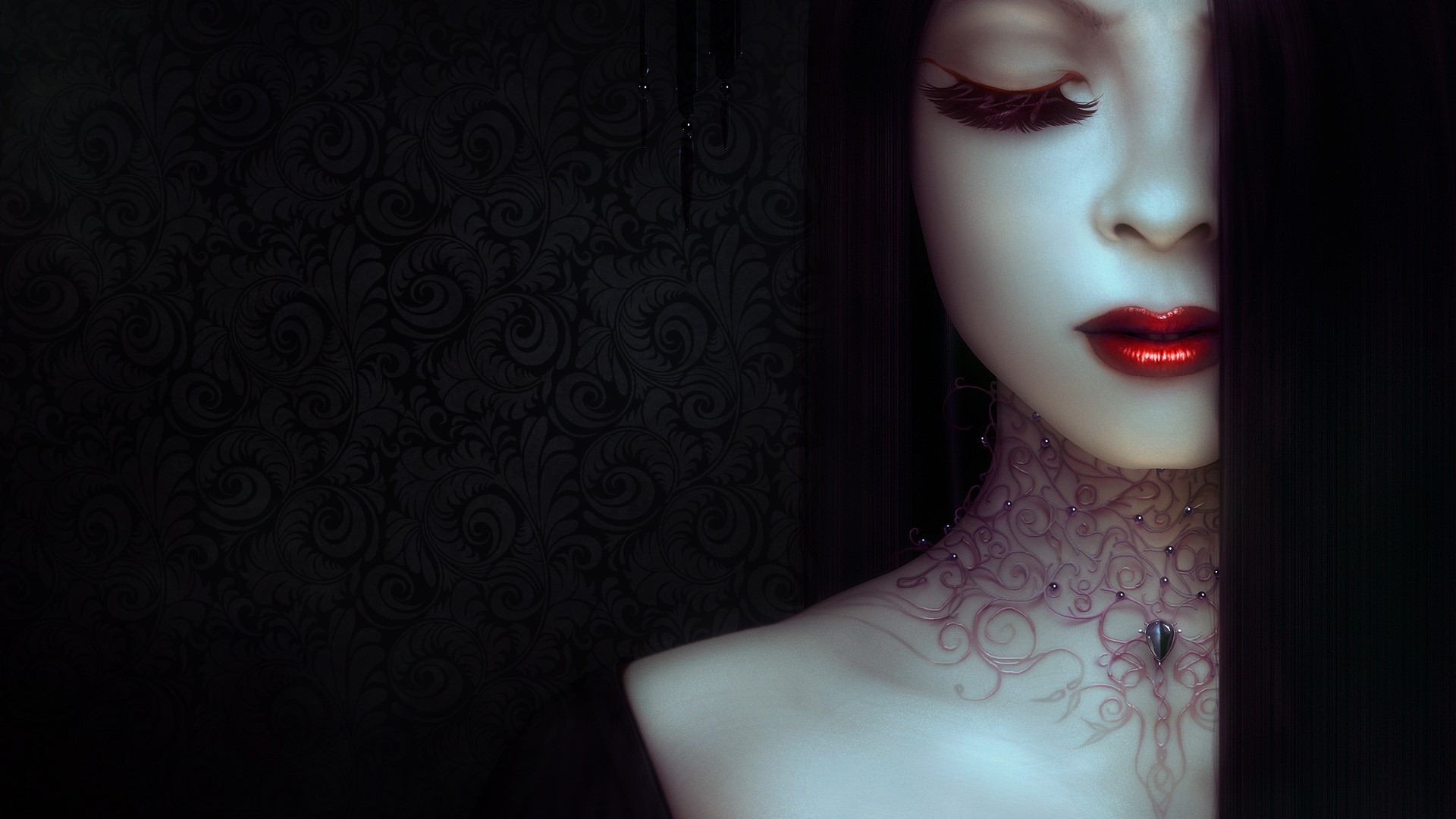 Artwork of a woman with red lipstick and closed eyes HD Wallpaper
