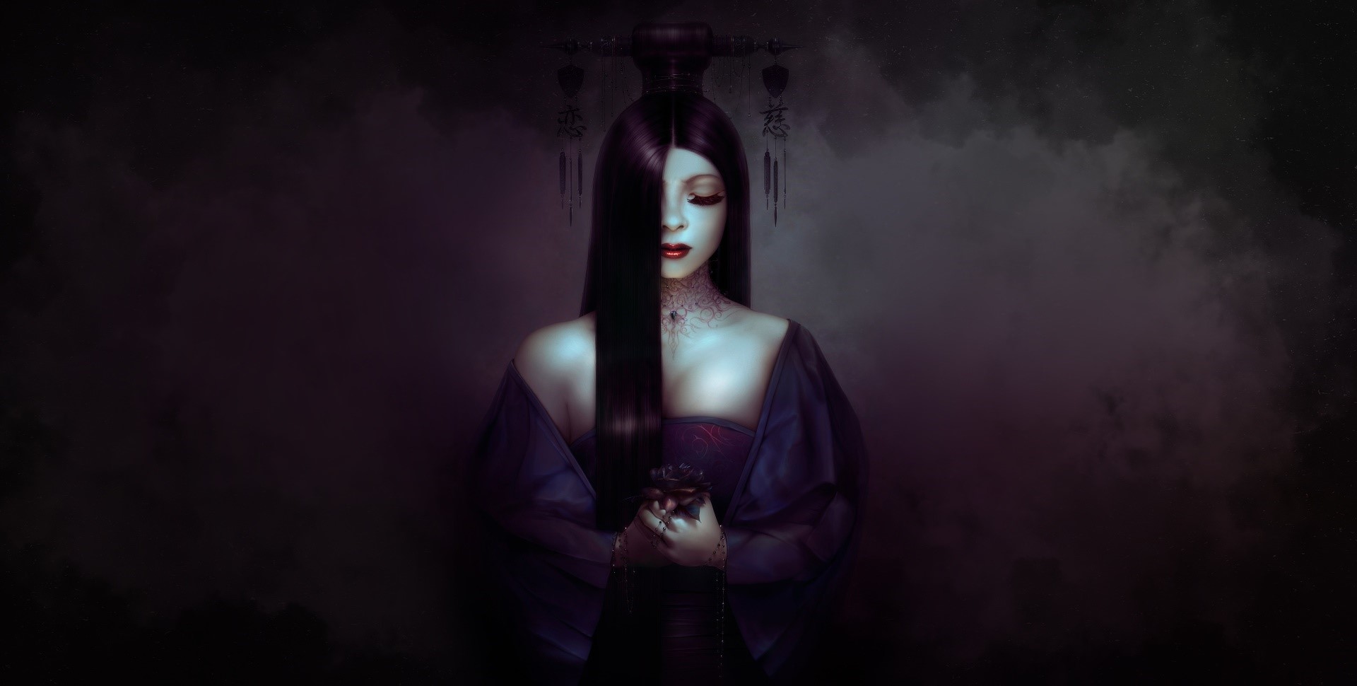 Fantasy art of a woman with dark hair and red lipstick HD Wallpaper