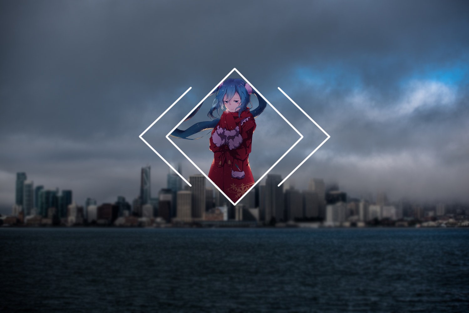 Anime girl in red outfit with geometric overlay HD Wallpaper