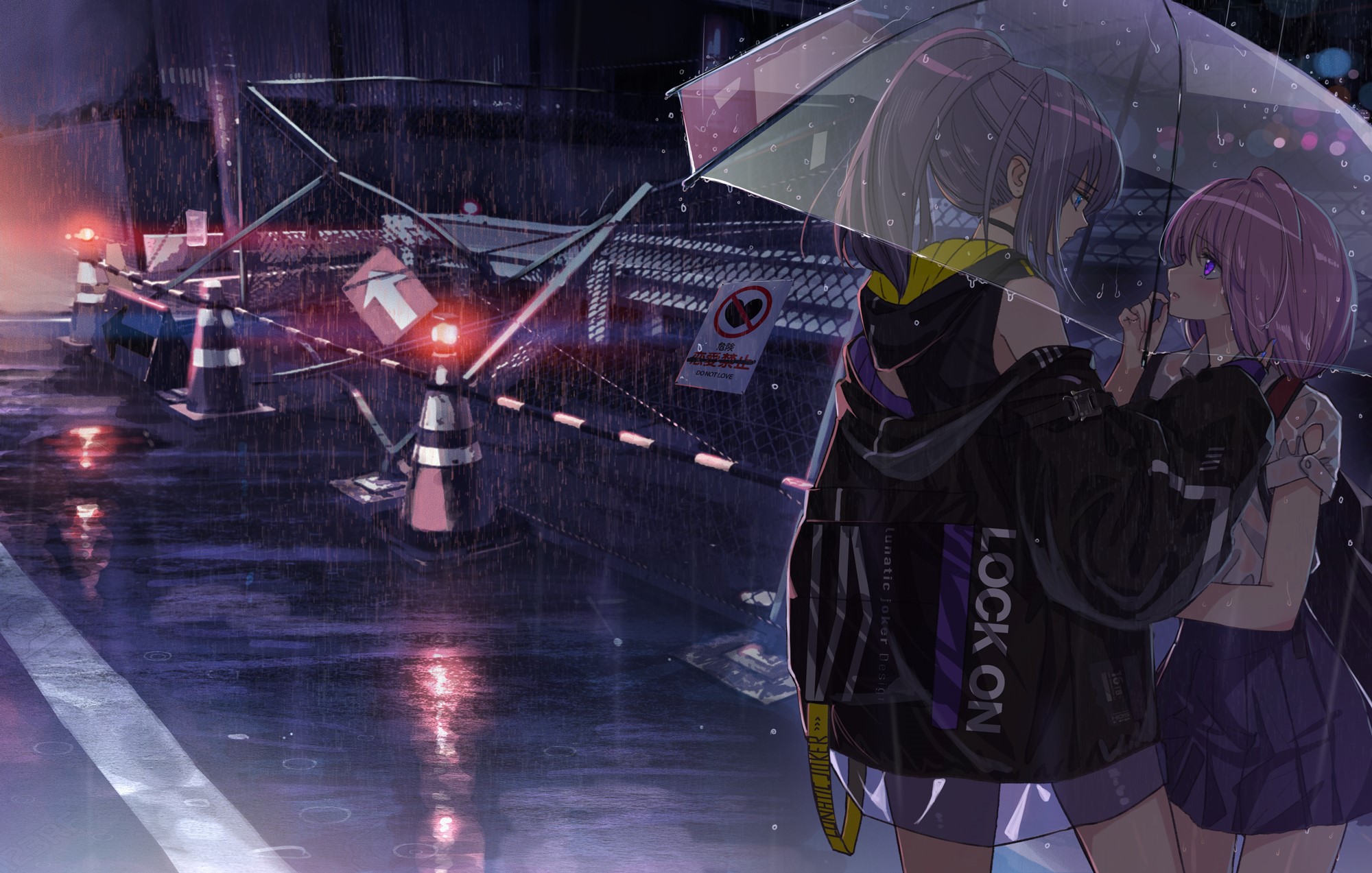 Two anime girls with umbrella in the rain HD Wallpaper