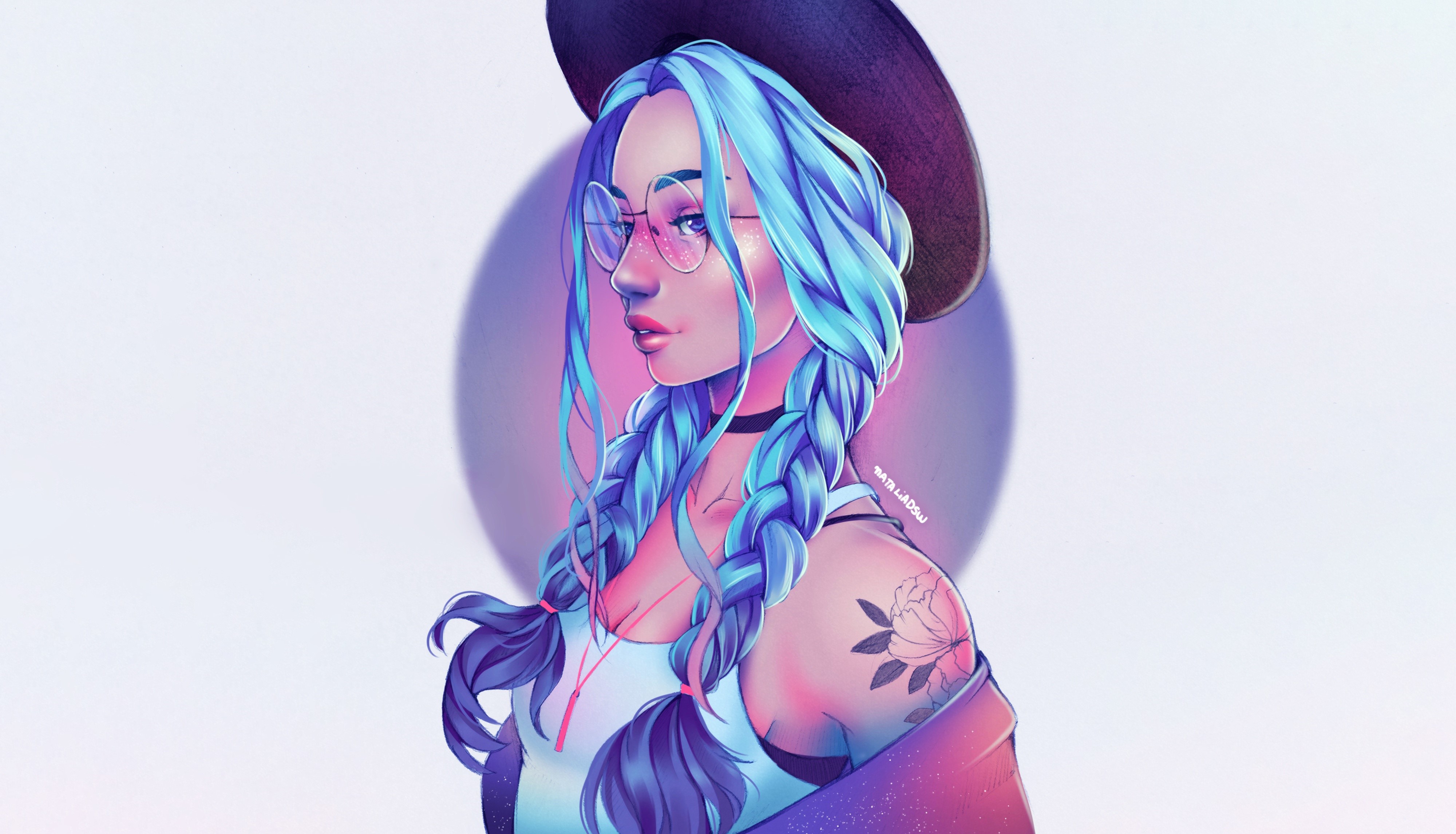 Woman with blue hair, glasses, and hat HD Wallpaper