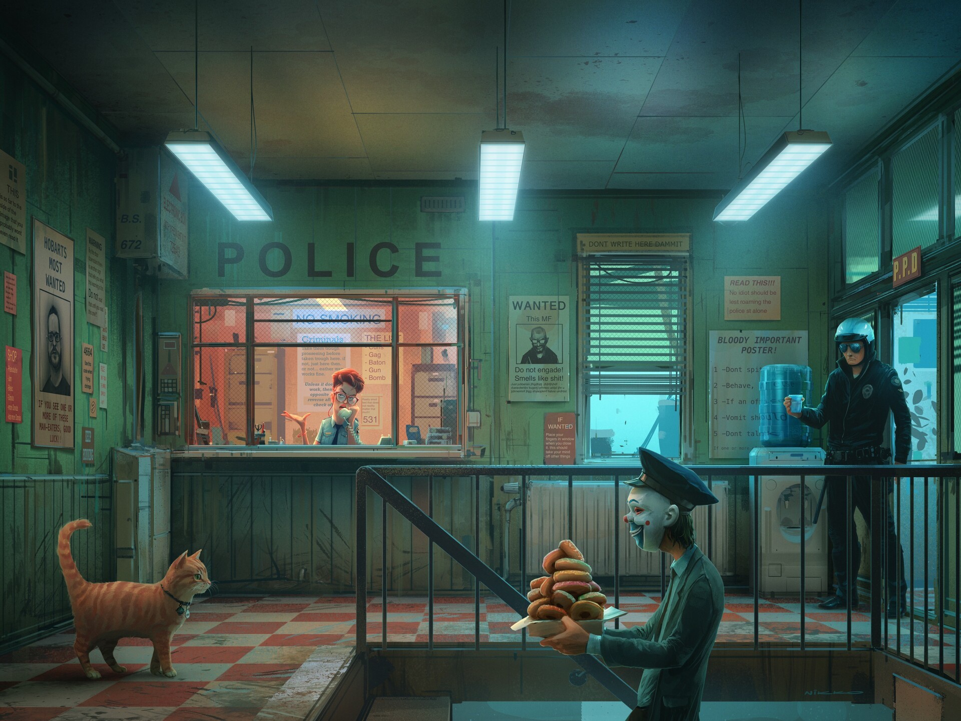 Police station with a clown, cat, and police officer HD Wallpaper