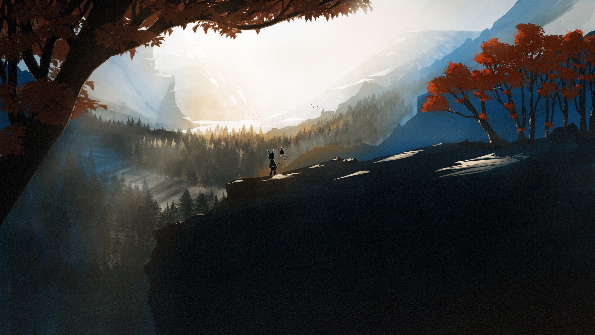 Fantasy landscape with two figures on a cliff HD Wallpaper