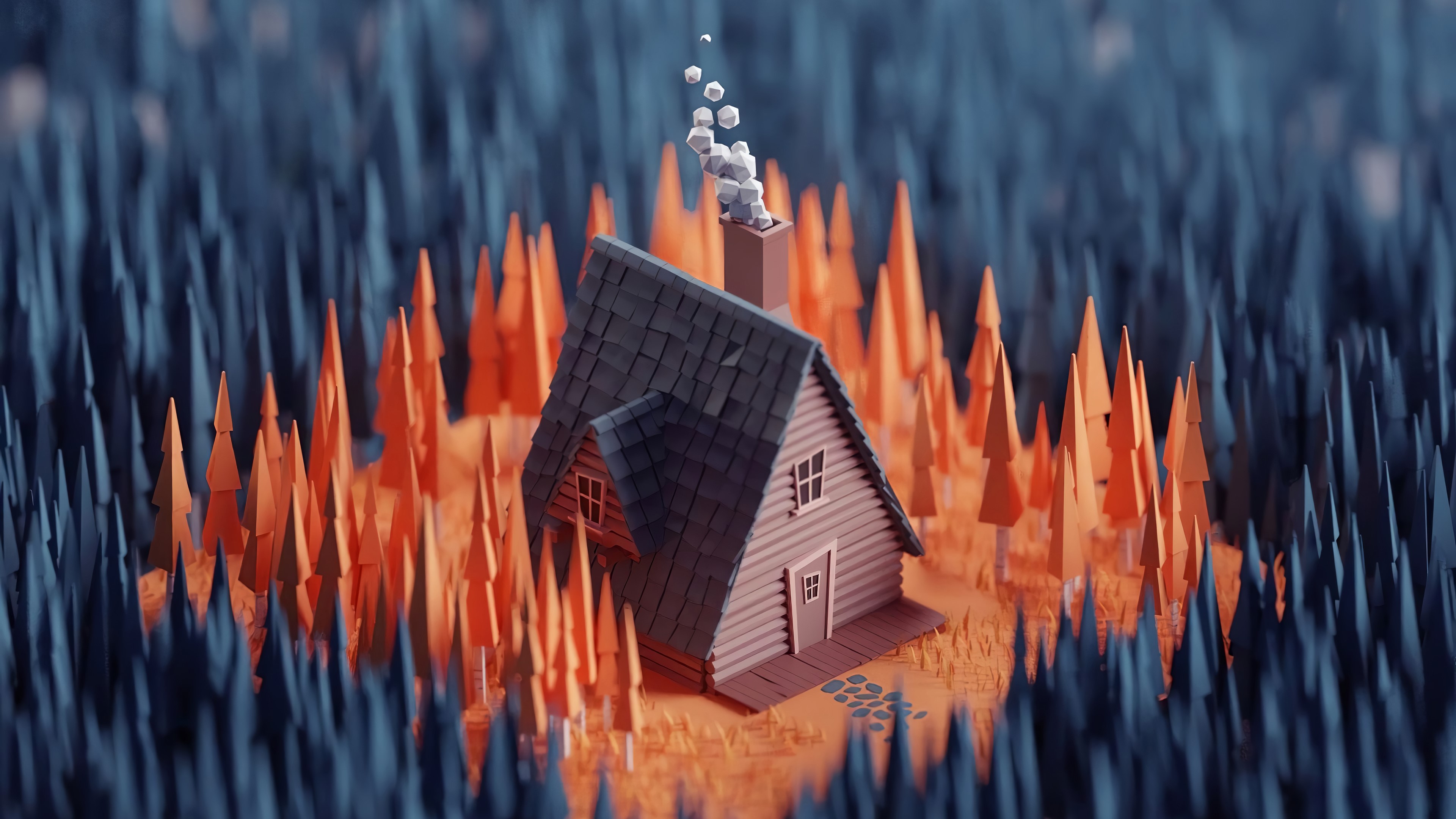 Low poly cabin in a forest with smoke from chimney HD Wallpaper