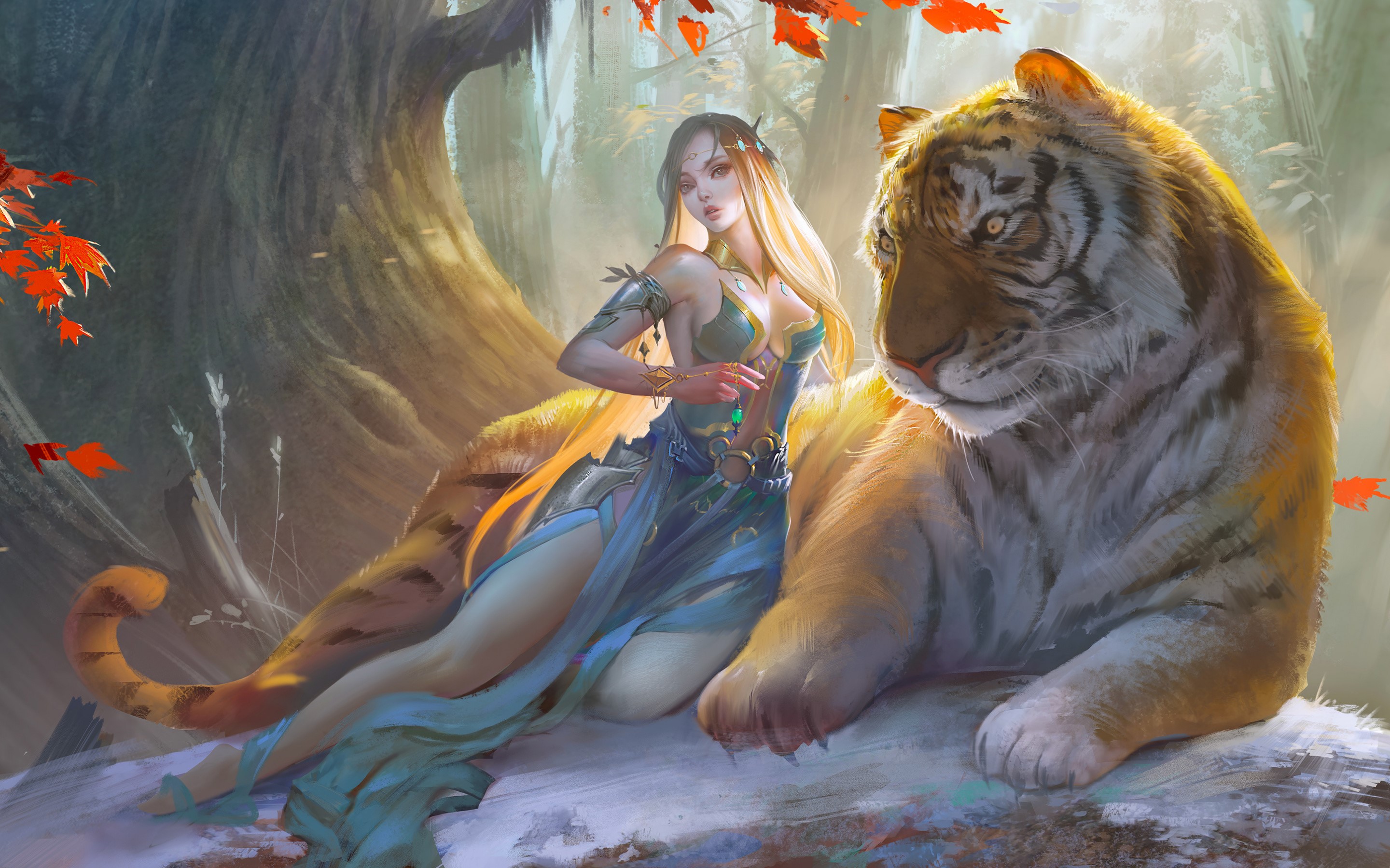 Fantasy girl with blonde hair and a tiger in a forest HD Wallpaper
