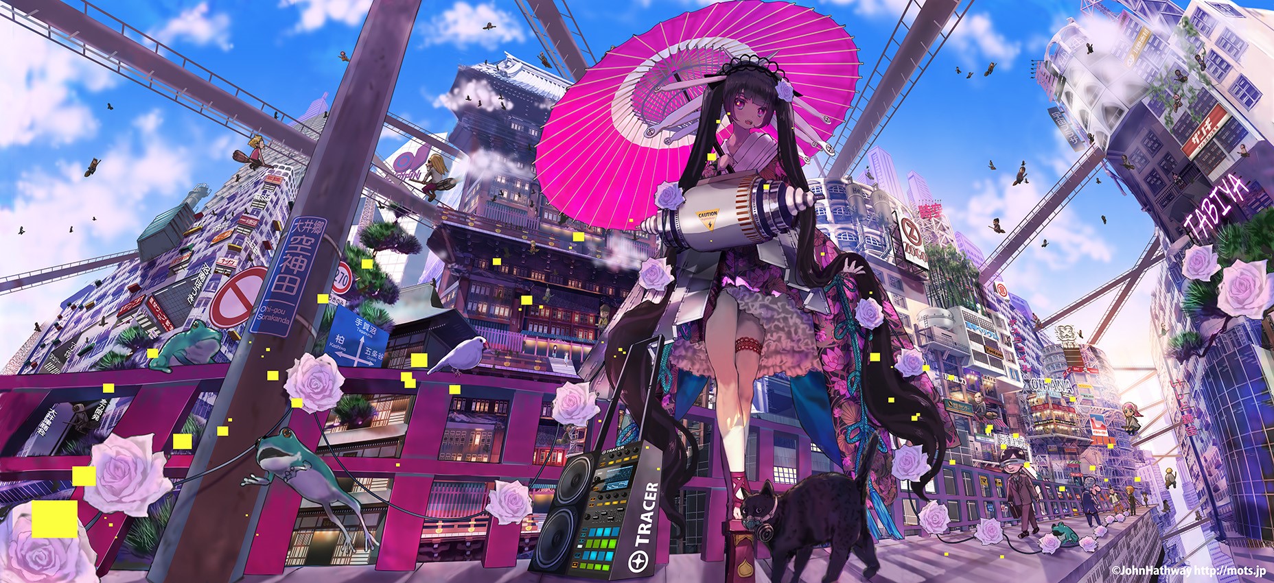 Anime girl with umbrella in futuristic city HD Wallpaper