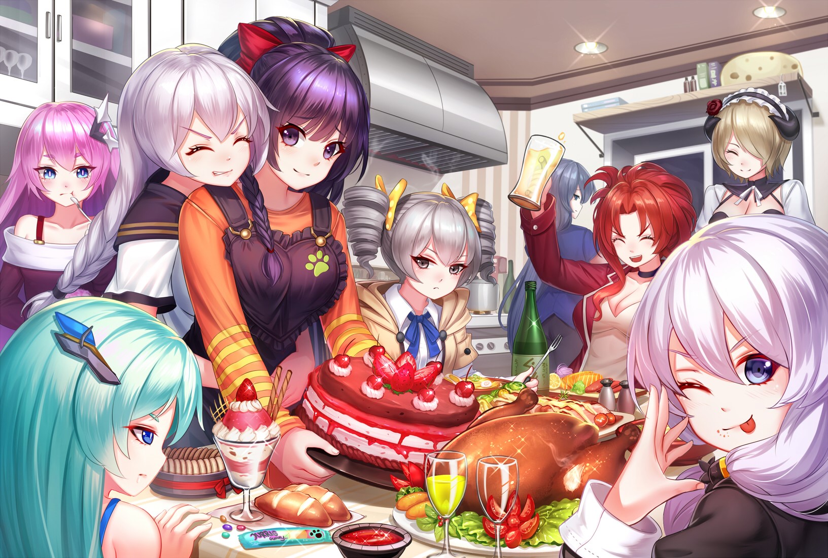 Anime girls gathered for a holiday meal HD Wallpaper