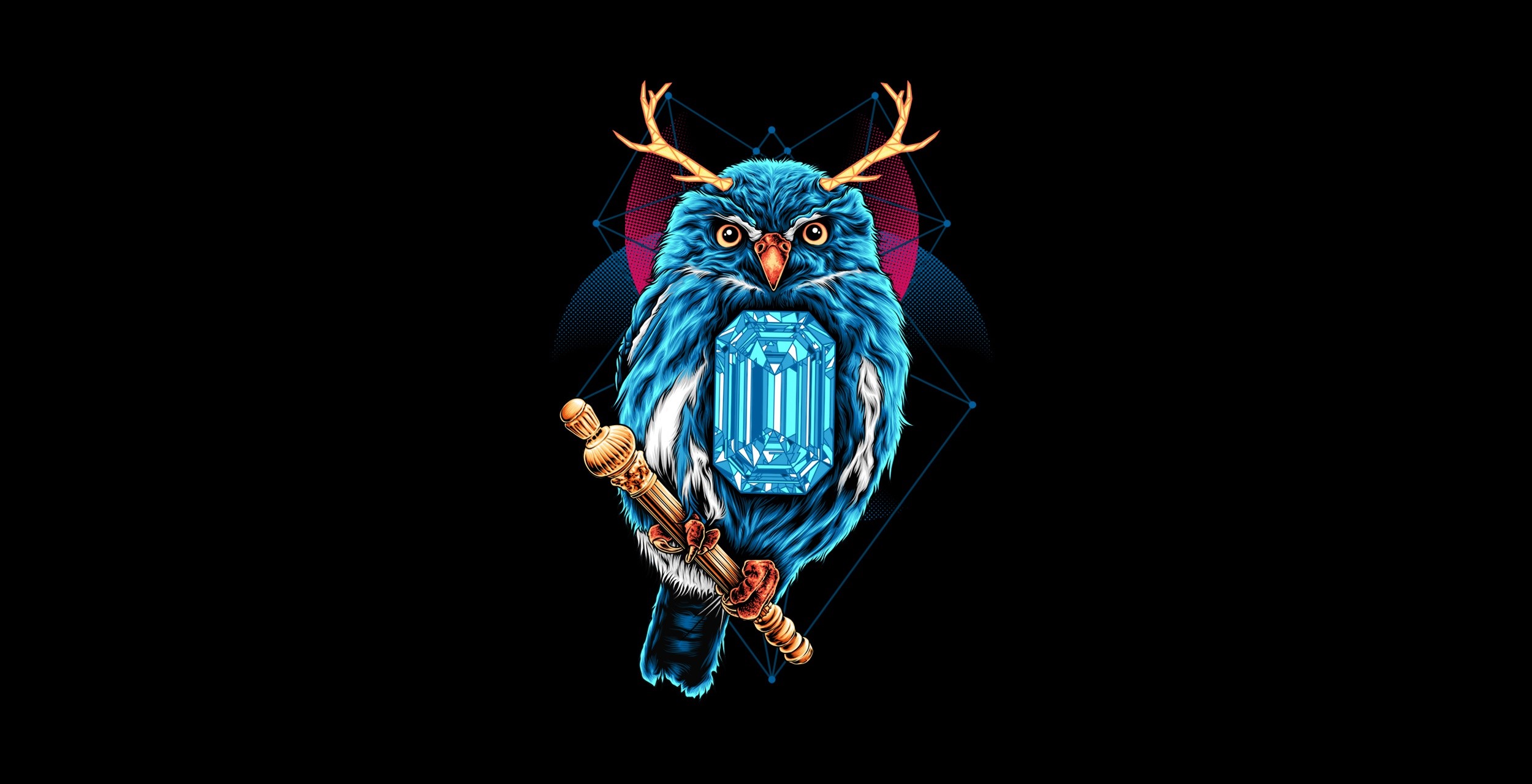 Blue owl with antlers and a gem HD Wallpaper