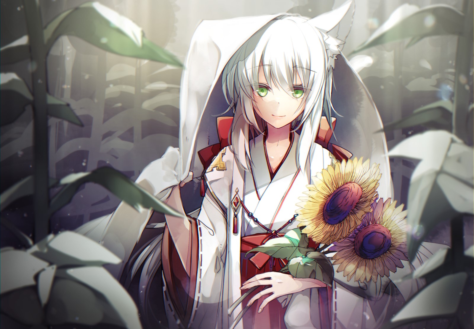 Anime girl with fox ears holding sunflowers HD Wallpaper