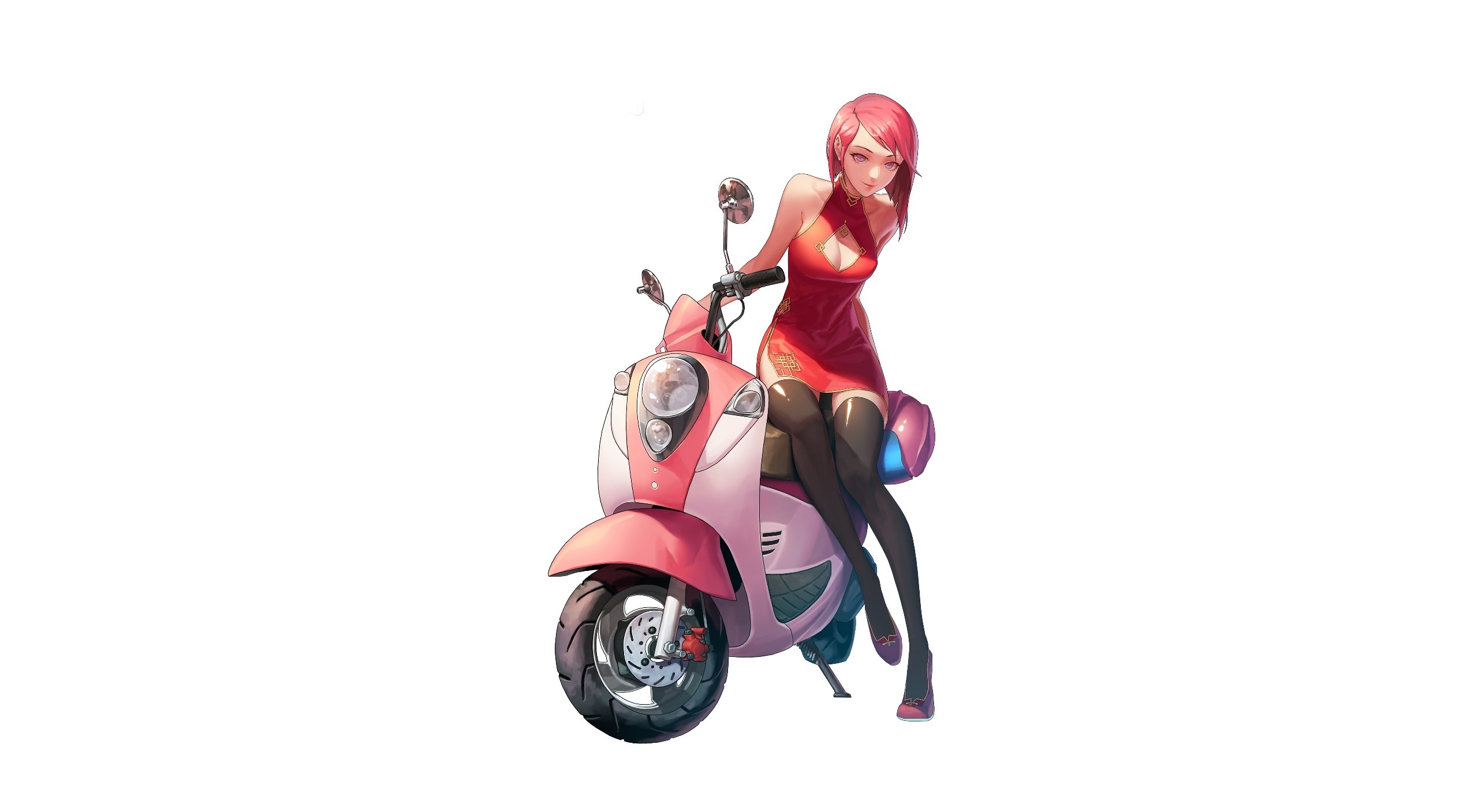 Anime girl with pink hair on a pink scooter HD Wallpaper