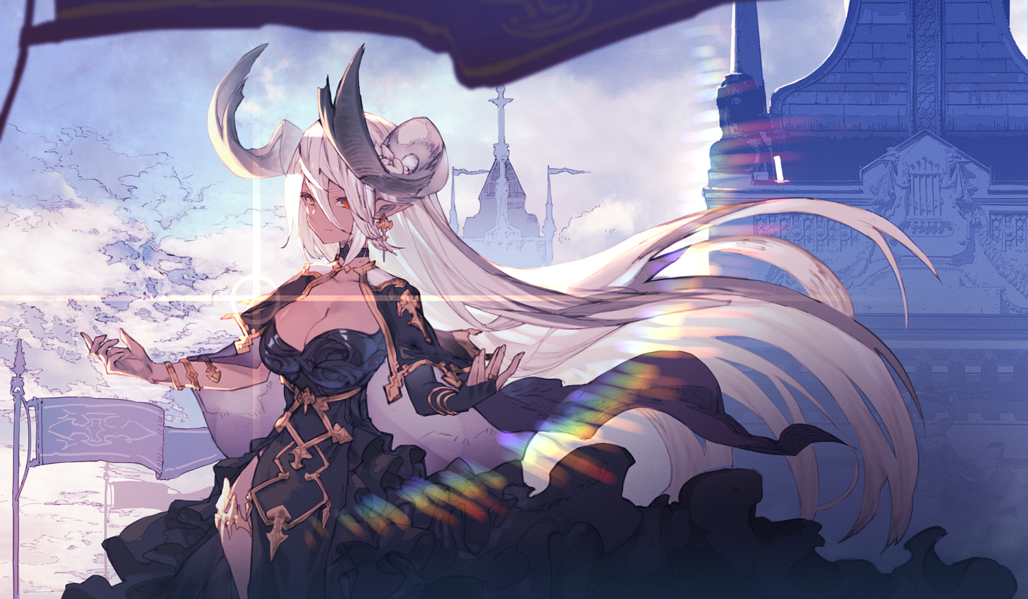 Anime girl with horns and a black dress HD Wallpaper