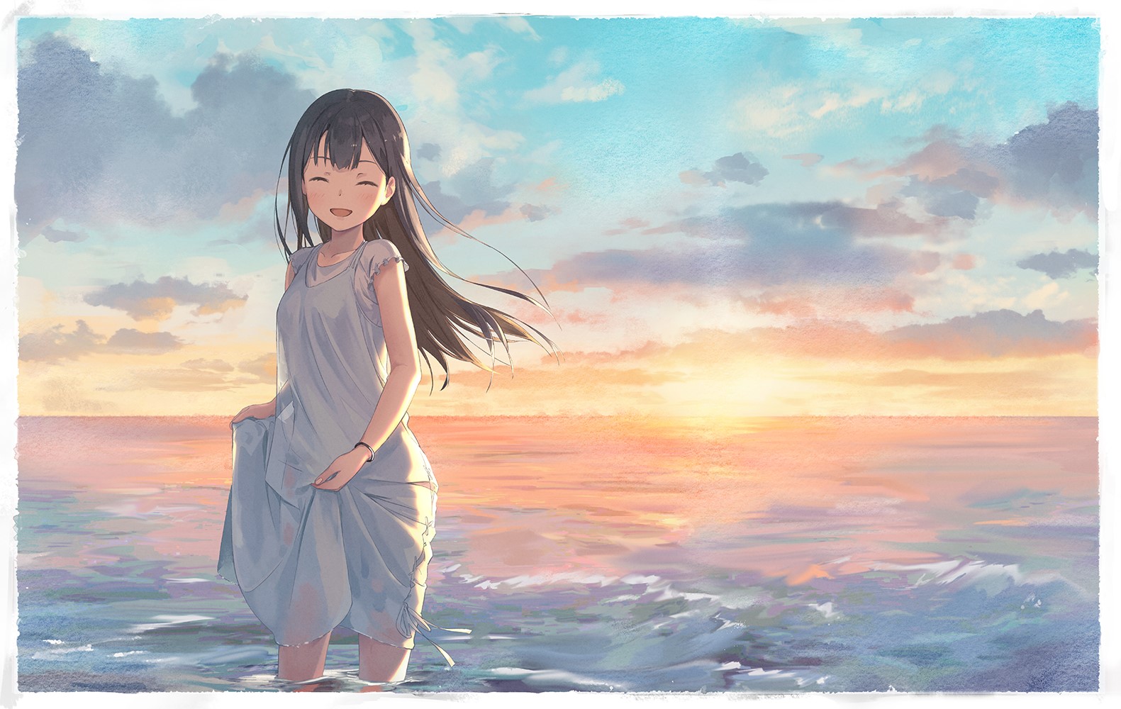 Anime girl in white dress by the ocean at sunset HD Wallpaper