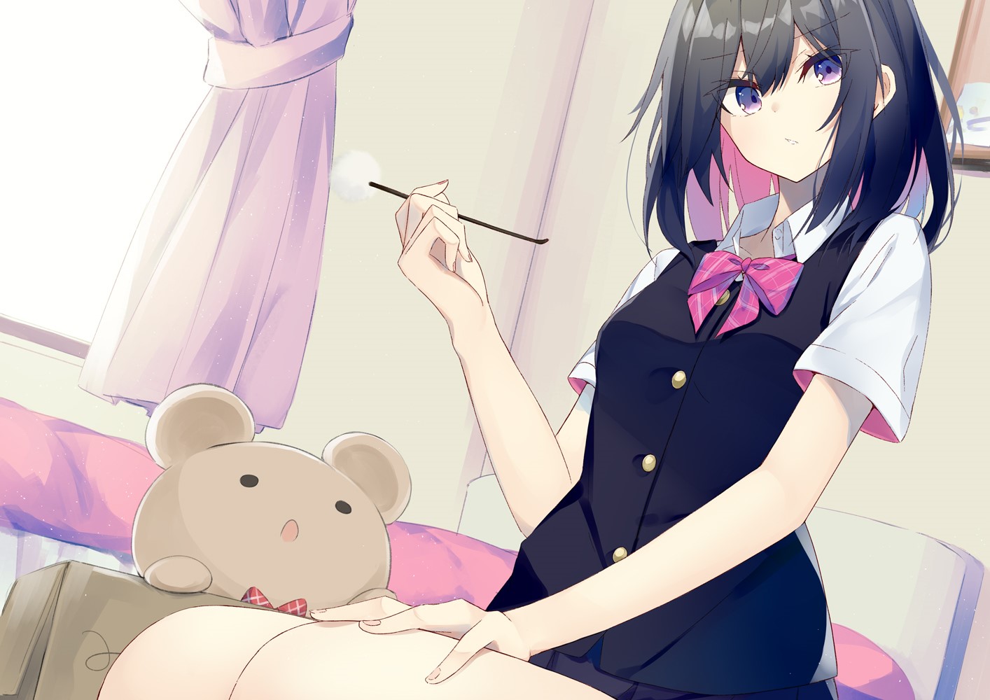 Anime girl with black hair and purple eyes holding a brush HD Wallpaper