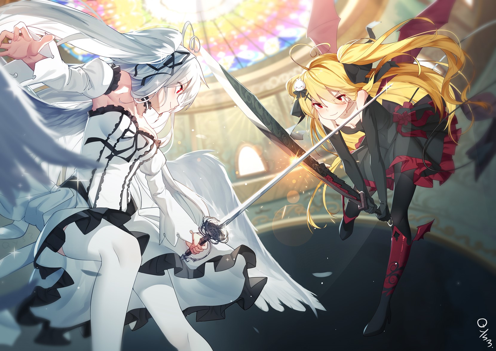 Two anime girls fighting with swords HD Wallpaper