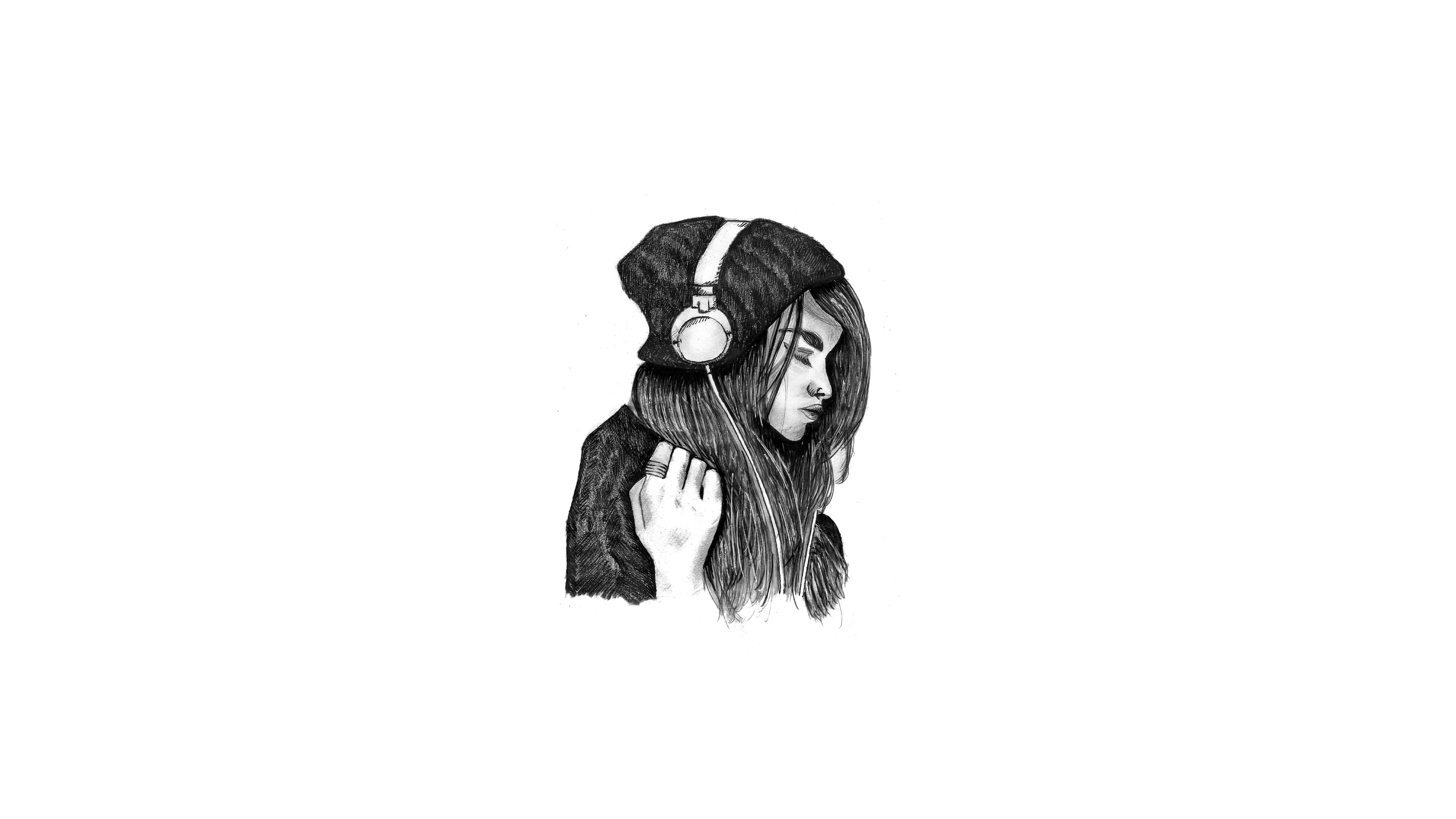 Monochrome illustration of a woman listening to music HD Wallpaper