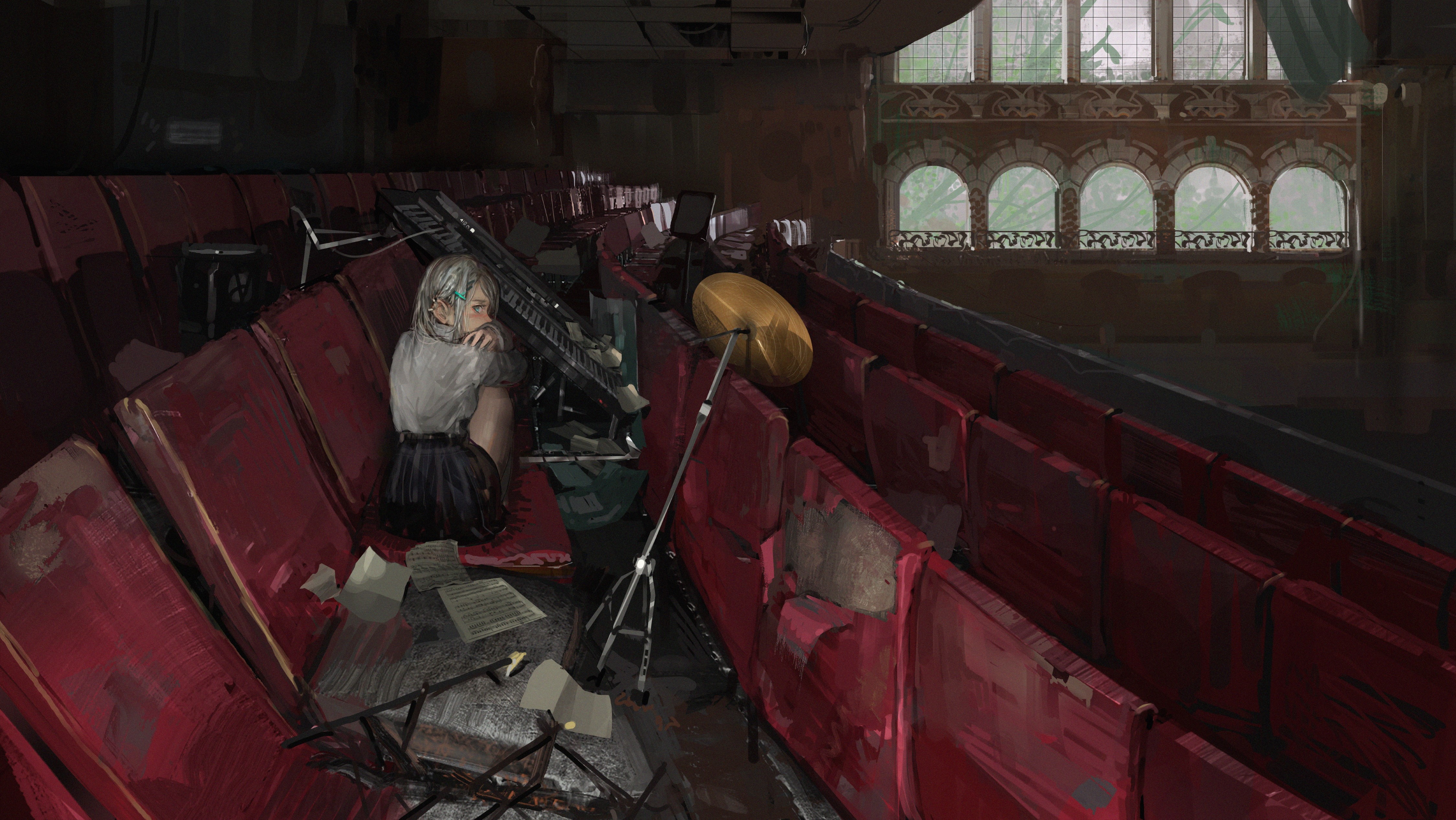 Girl in abandoned theater with musical instruments HD Wallpaper