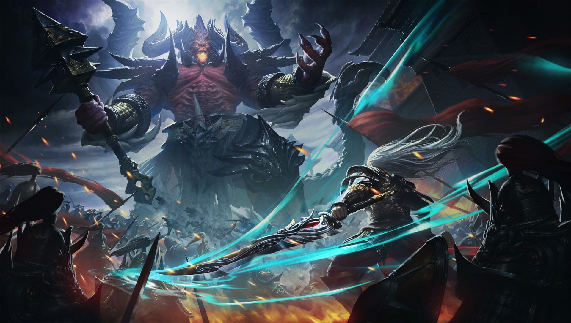 Demon lord battling a warrior with a glowing sword HD Wallpaper