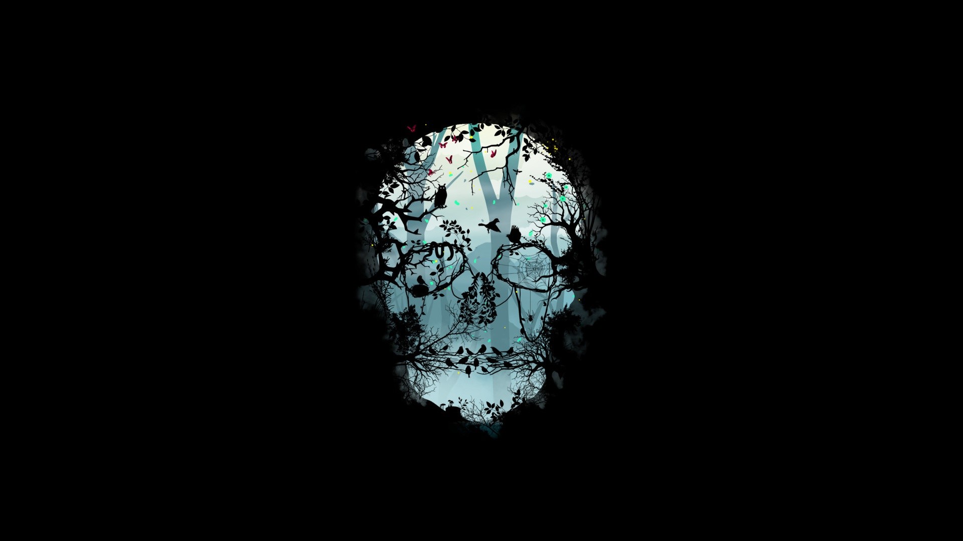 Skull silhouette filled with a forest scene and birds HD Wallpaper
