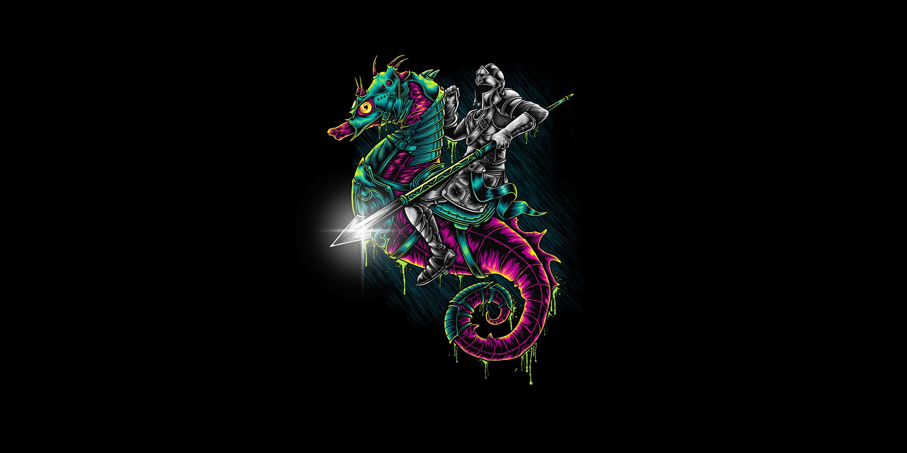 Armored warrior riding a neon seahorse HD Wallpaper