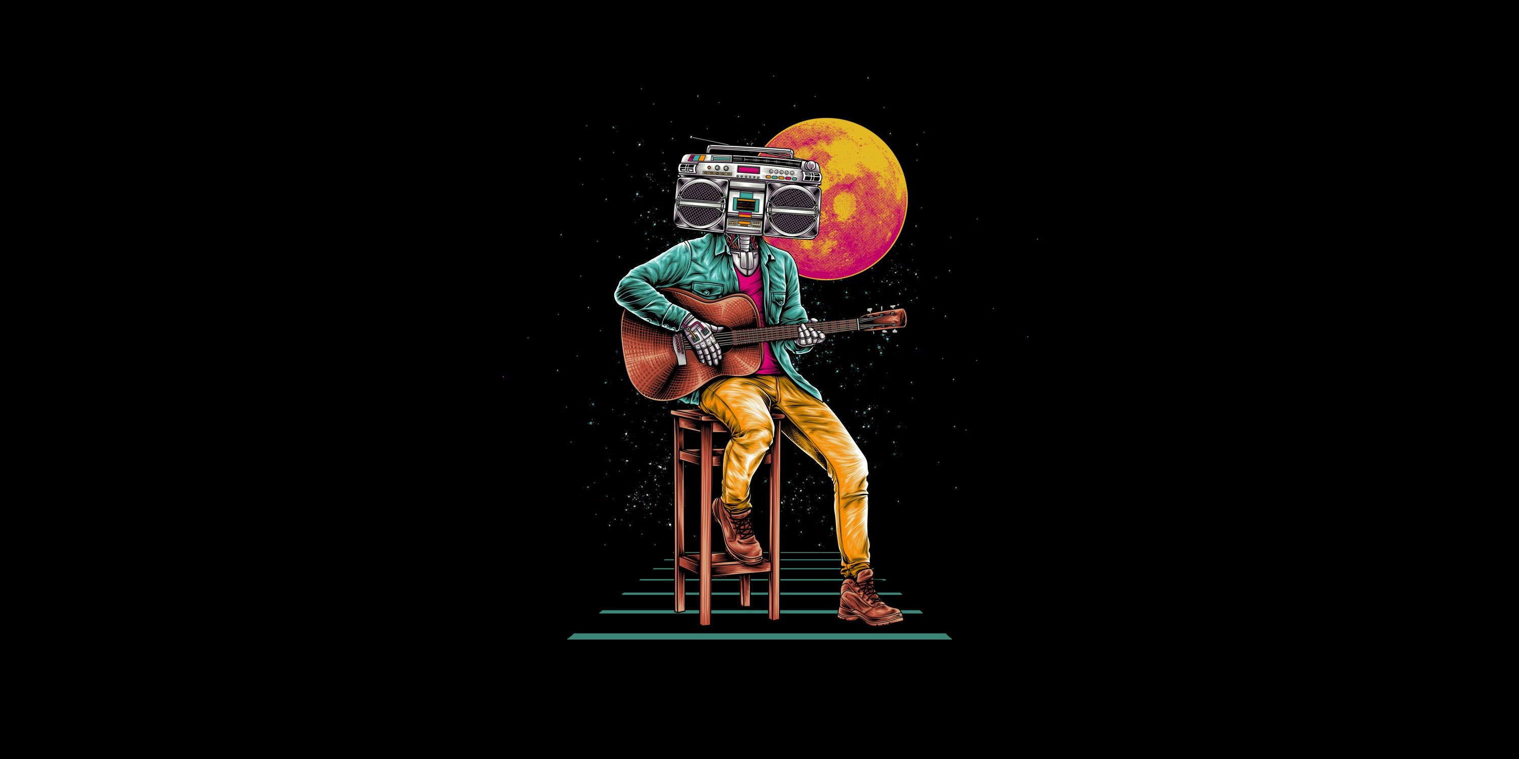 Skeleton playing guitar with boombox head under a moon HD Wallpaper