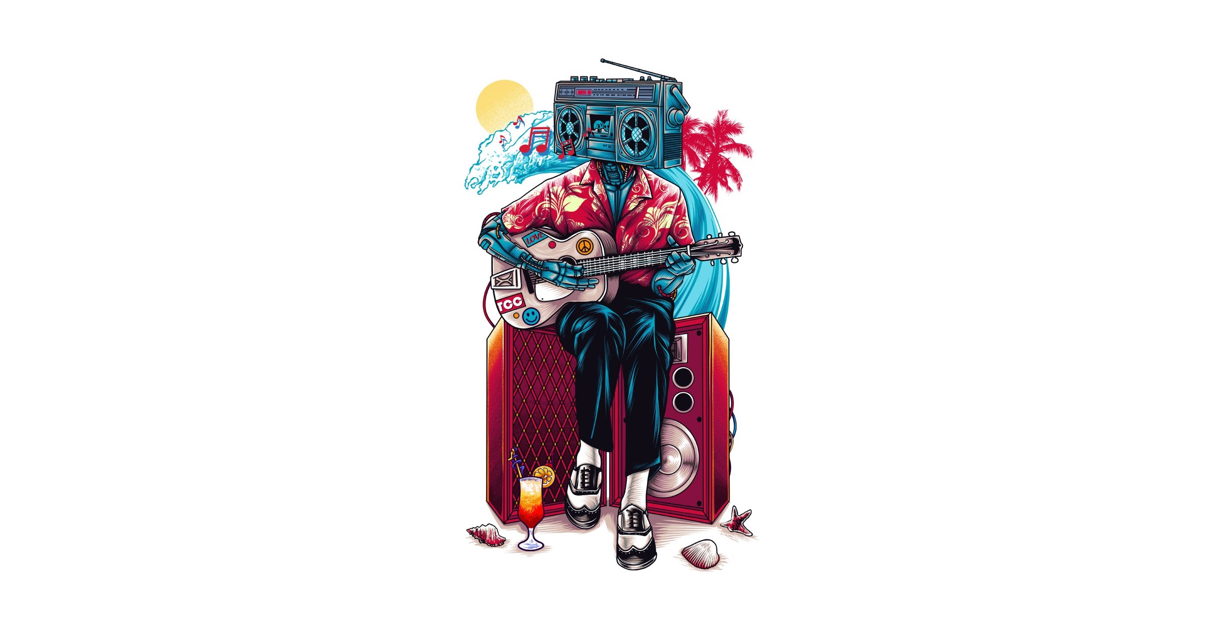 Robot playing guitar with boombox head on a beach HD Wallpaper