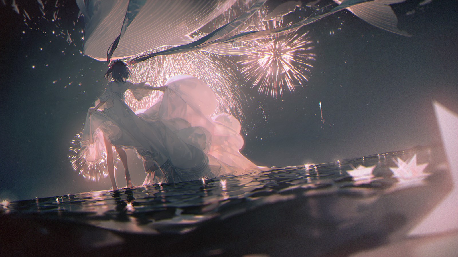 Hatsune Miku from Vocaloid celebrating with fireworks HD Wallpaper