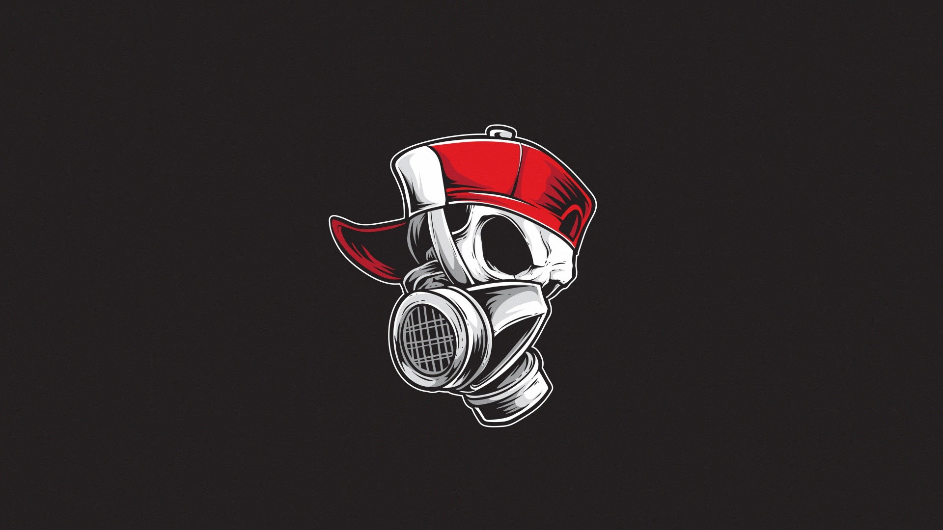 Skull wearing a gas mask and red baseball cap HD Wallpaper