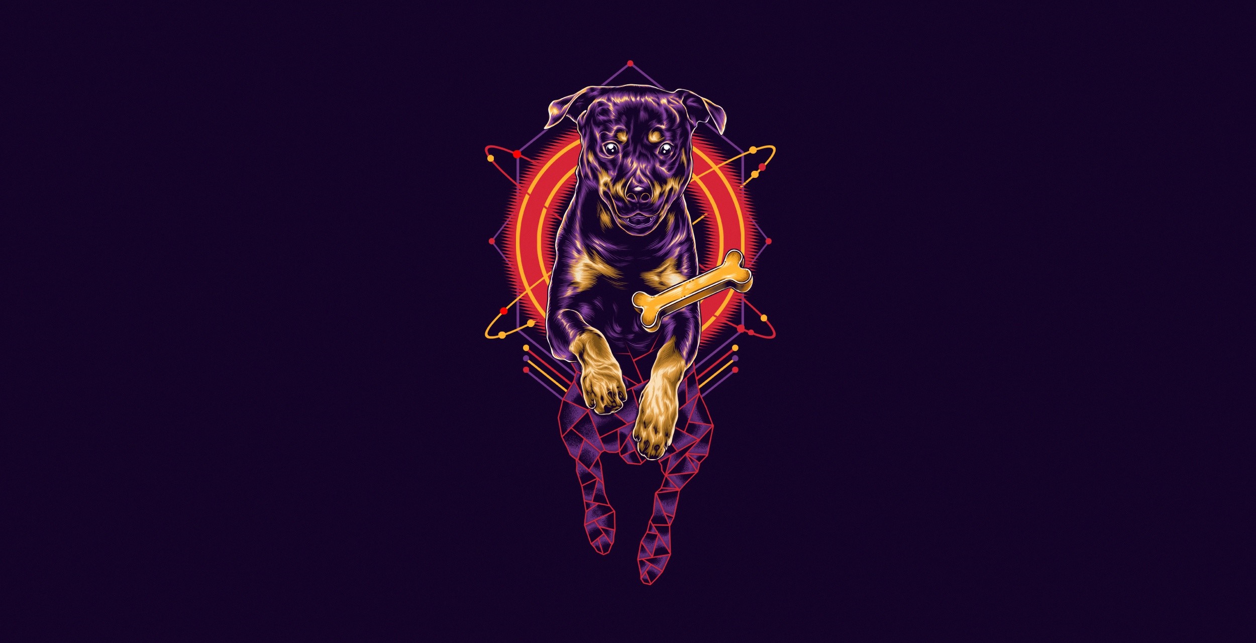 Dog with bone in front of geometric shapes HD Wallpaper