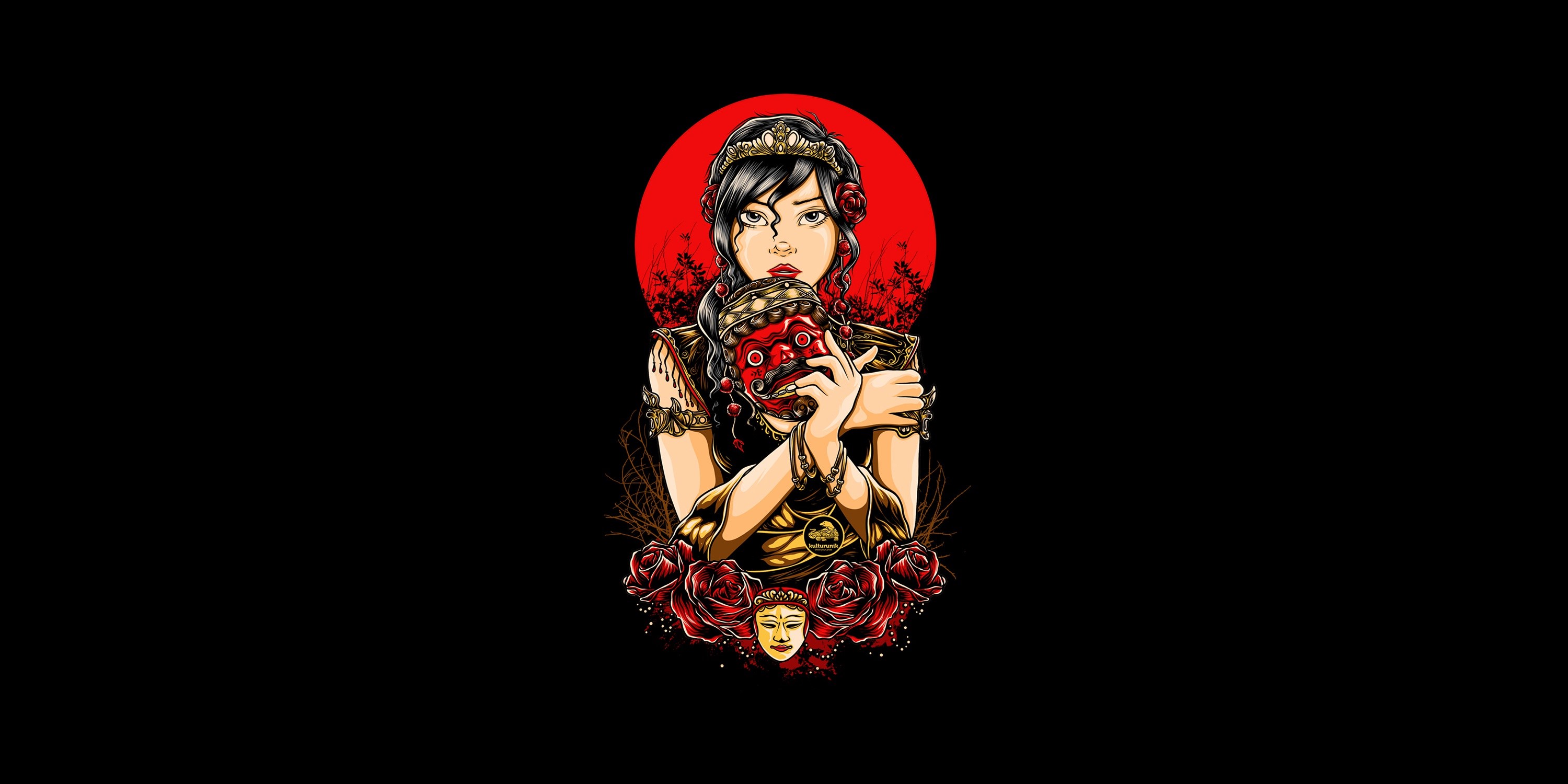 Woman holding a mask with roses and a face HD Wallpaper