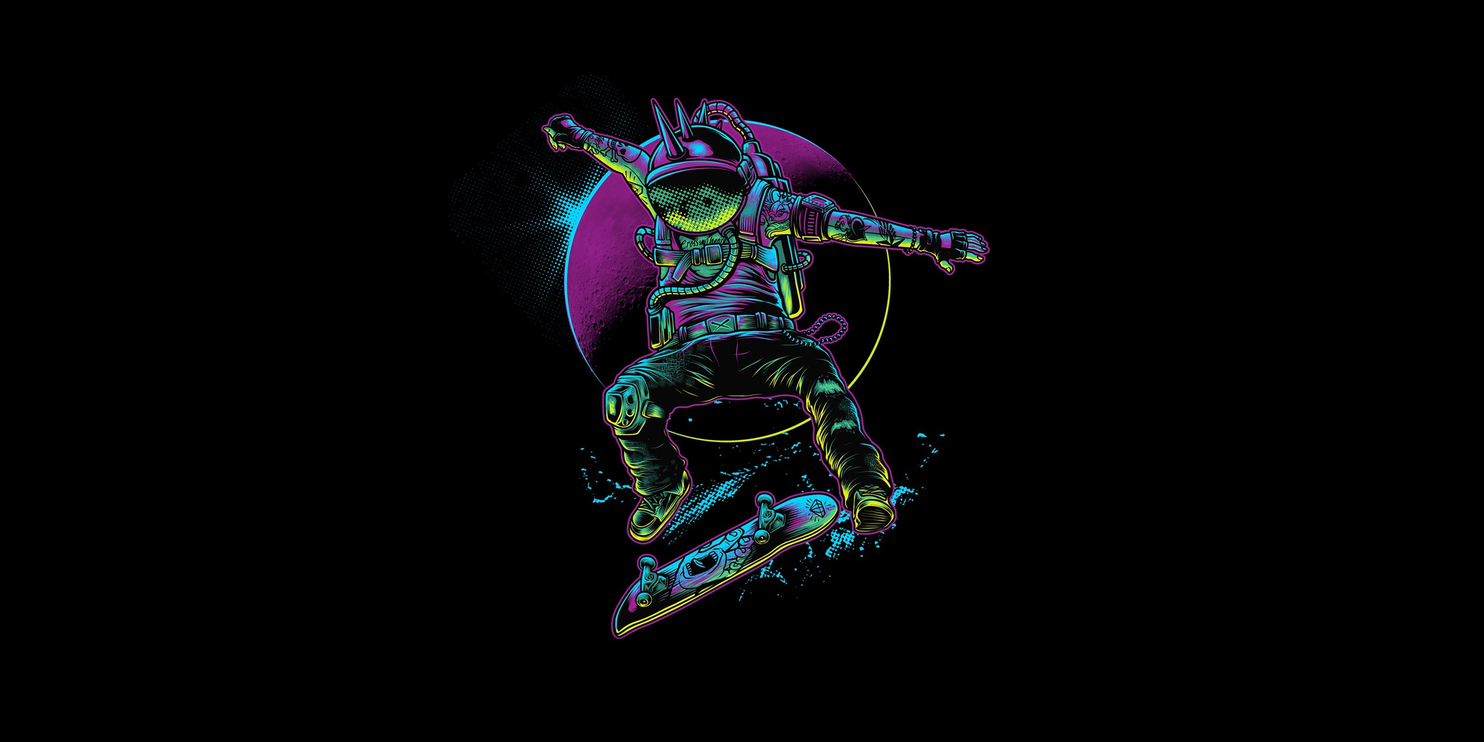 Astronaut skateboarding in space with neon colors HD Wallpaper
