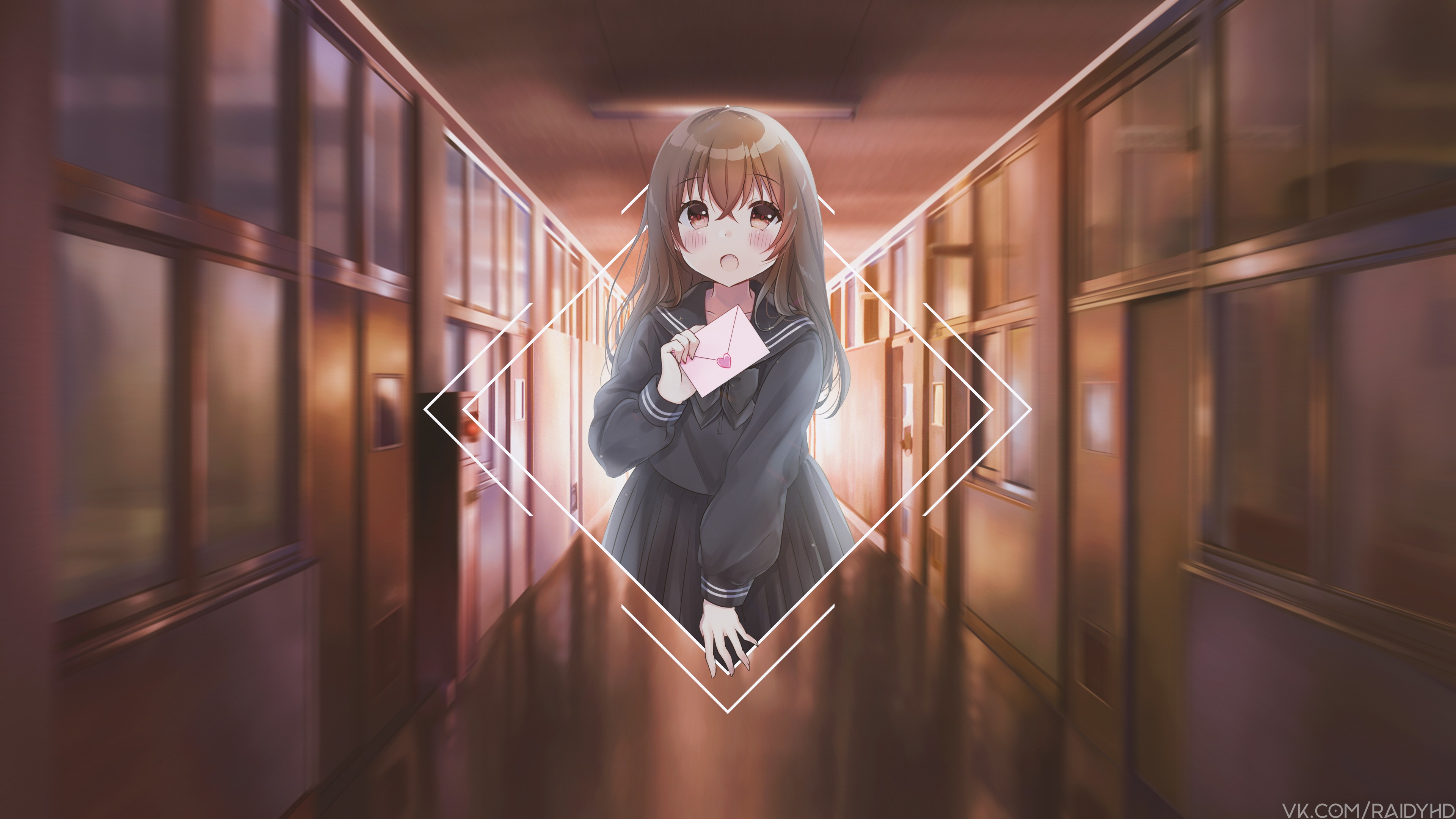 Anime girl holding a letter in a school hallway HD Wallpaper