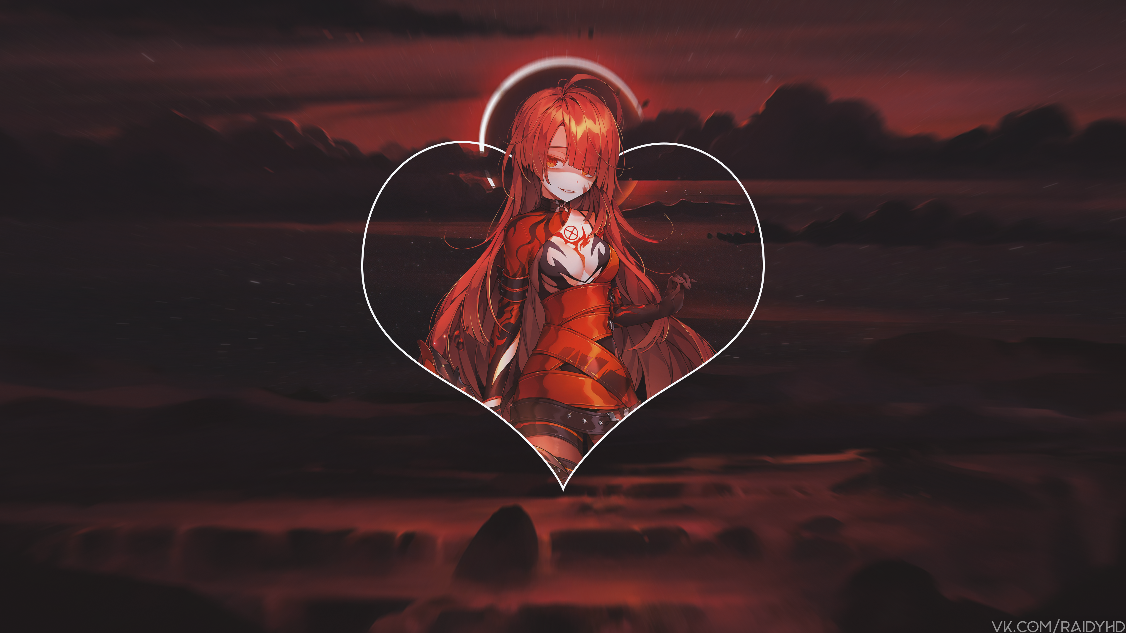 Anime girl with red hair in a heart frame HD Wallpaper