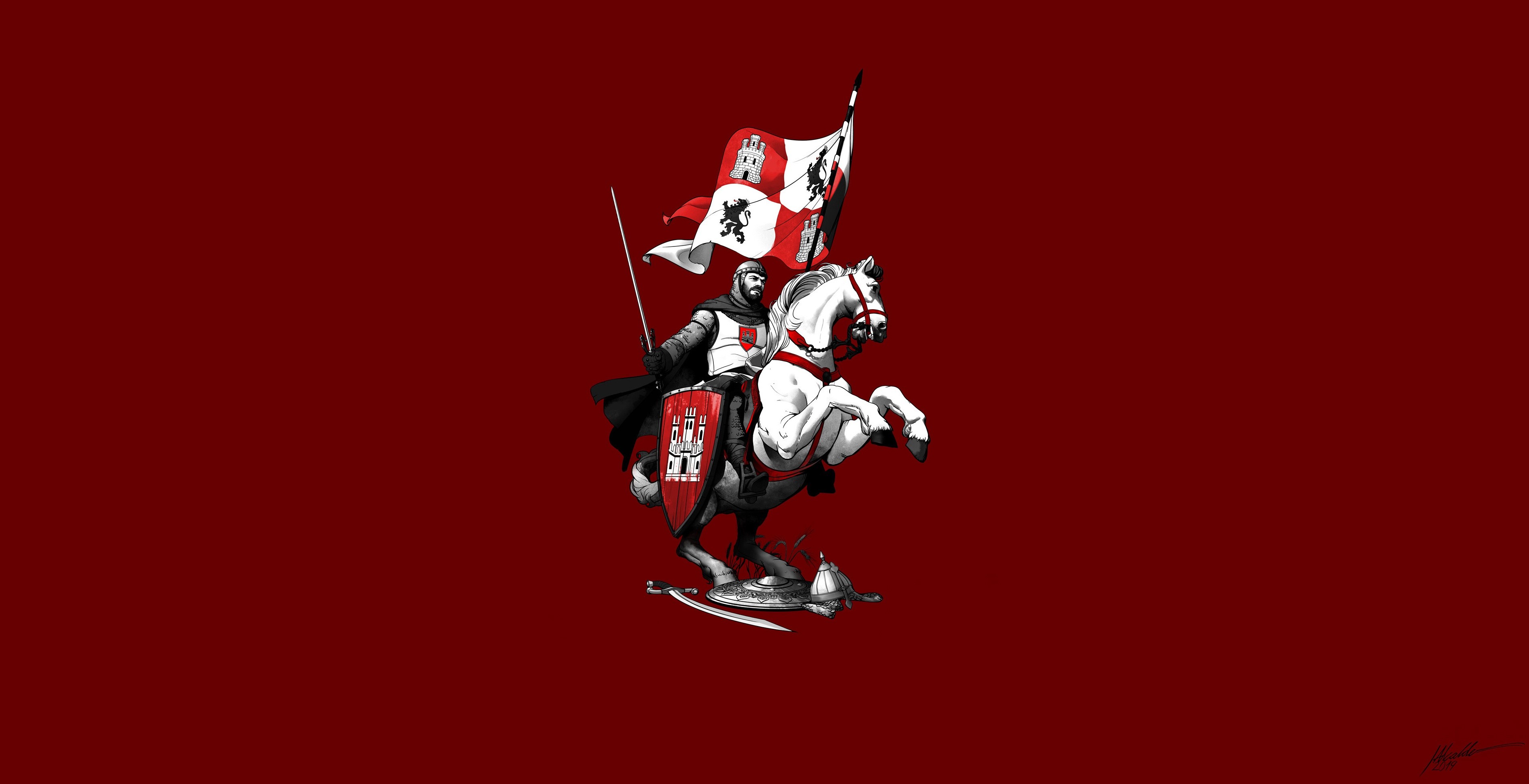 Knight on a white horse with a flag HD Wallpaper