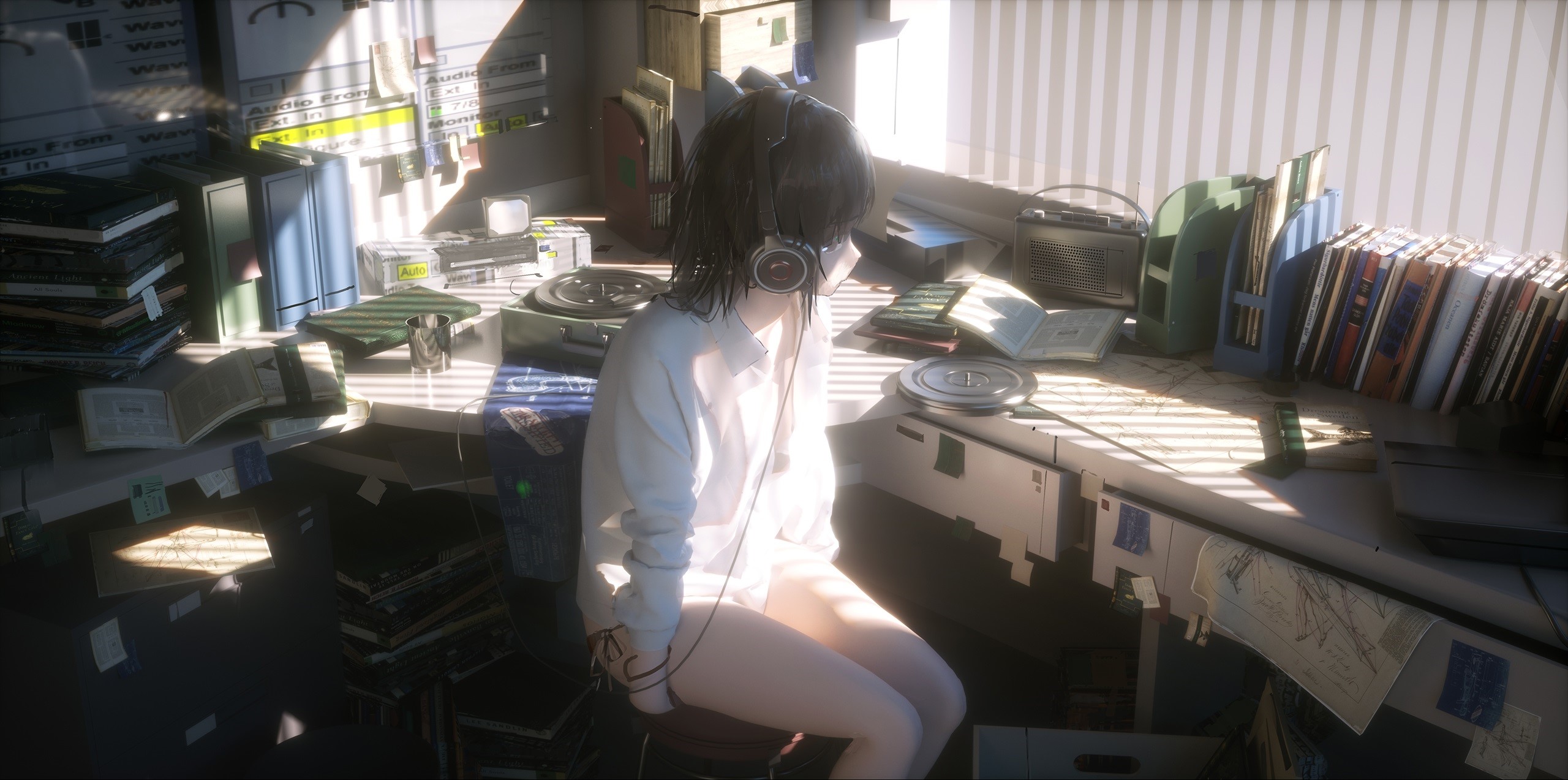 Anime girl with headphones sitting at a desk with books HD Wallpaper